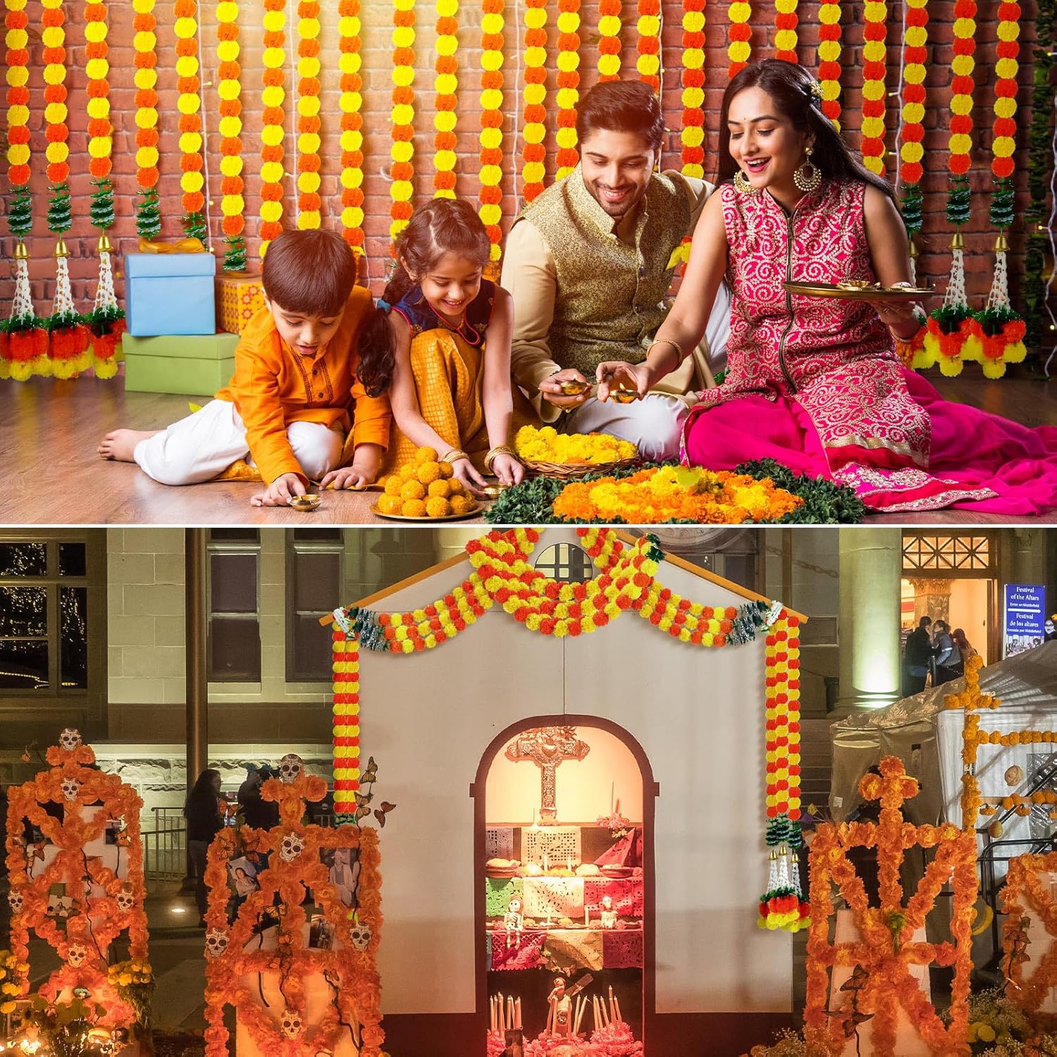 Paquete de 10 guirnaldas de caléndula de 5 pies de largo, flores de caléndula sintética, decoraciones de boda india, guirnalda de flores para Pooja