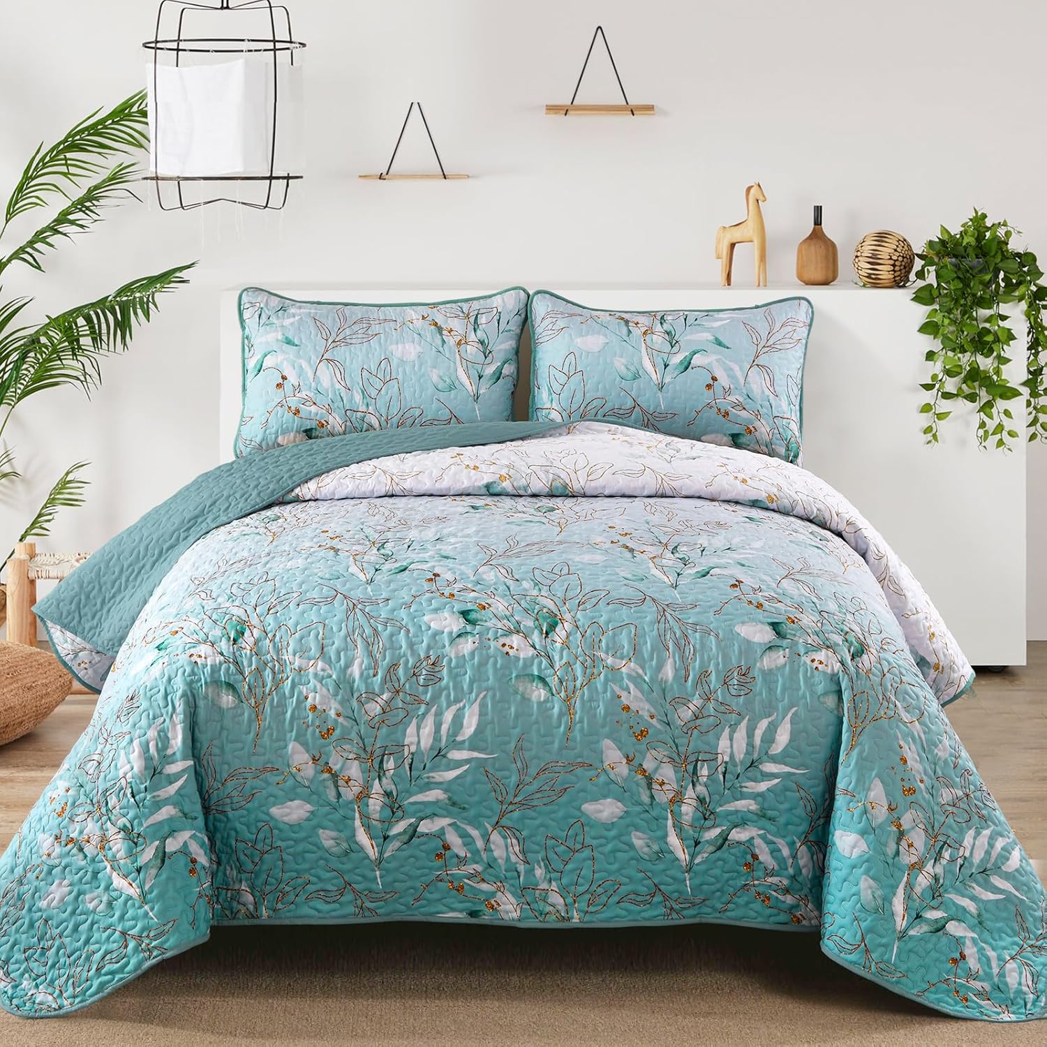 Aninbedding – Juego de edredón floral tamaño King, juego de colcha de 3 piezas con patrón botánico verde aguamarina para todas las estaciones, juego