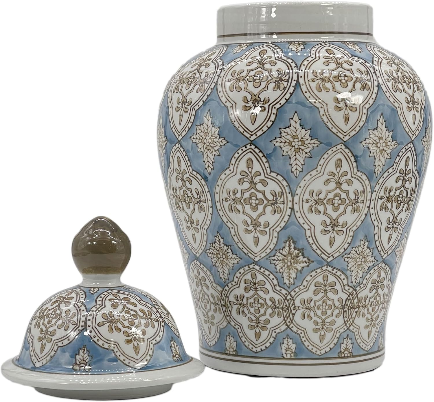 Galt International Tarro de jengibre de cerámica de mosaico pintado a mano azul claro y marrón de 18 pulgadas con tapa, porcelana chinoiserie