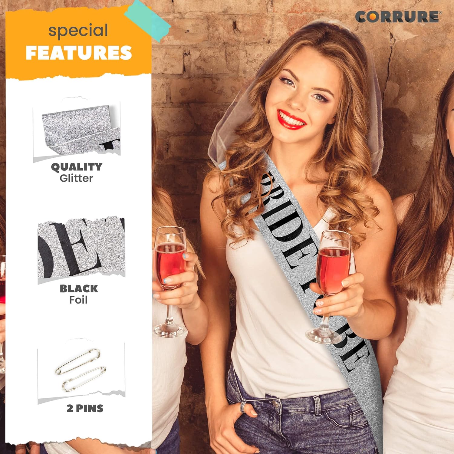 CORRURE Banda “Bride to Be” para despedida de soltera  Banda plateada con purpurina con letras de aluminio negro  Accesorios de decoración de