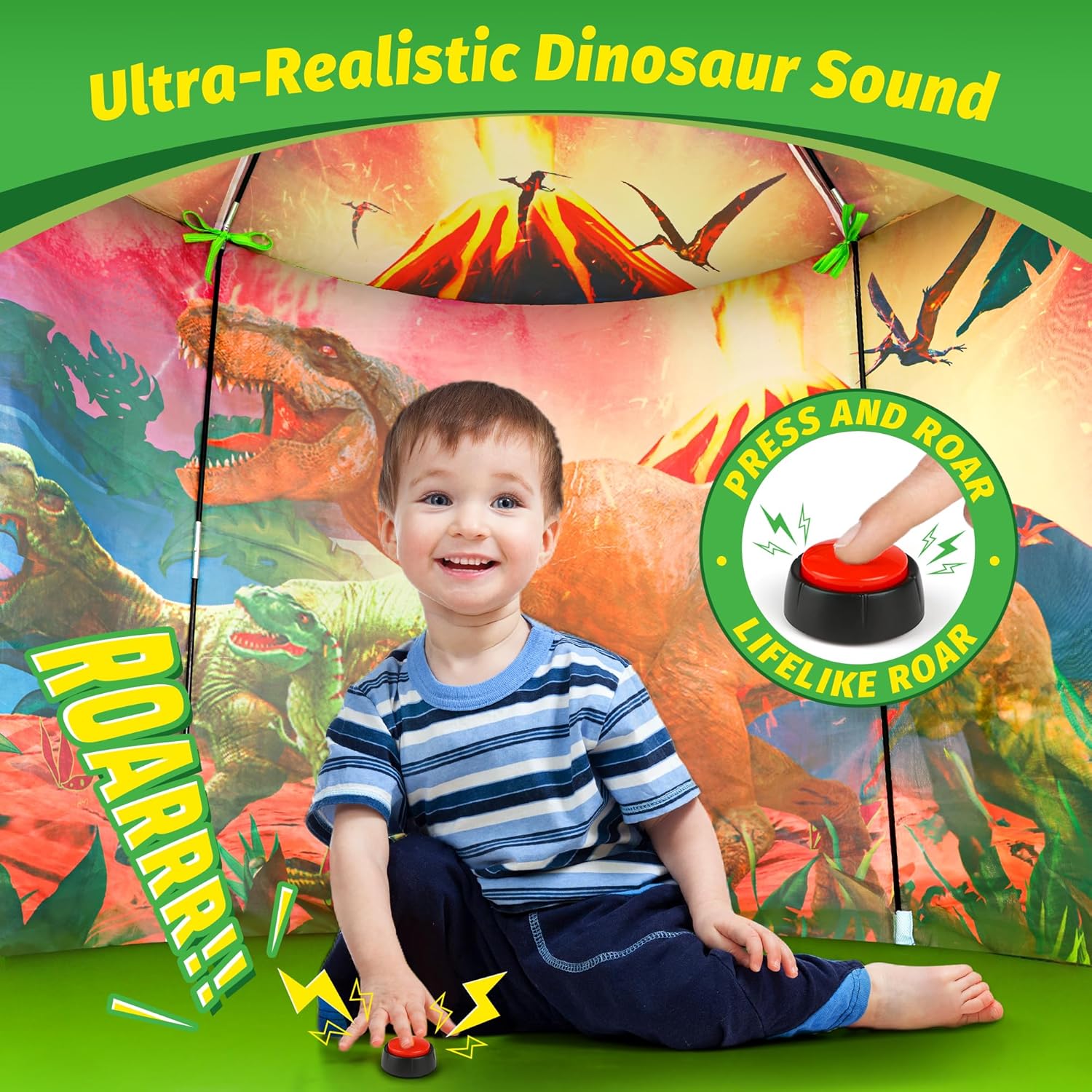 HopeRock Tienda de campaña para niños con botón de rugido, tienda de campaña de dinosaurio para niños y niñas con juguetes de dinosaurio para niños
