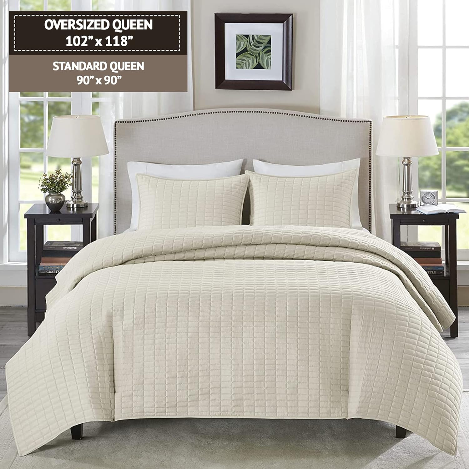 Comfort Spaces Edredón Queen para todas las estaciones, colcha de marfil con diseño de costuras de doble cara, manta de verano suave a juego,