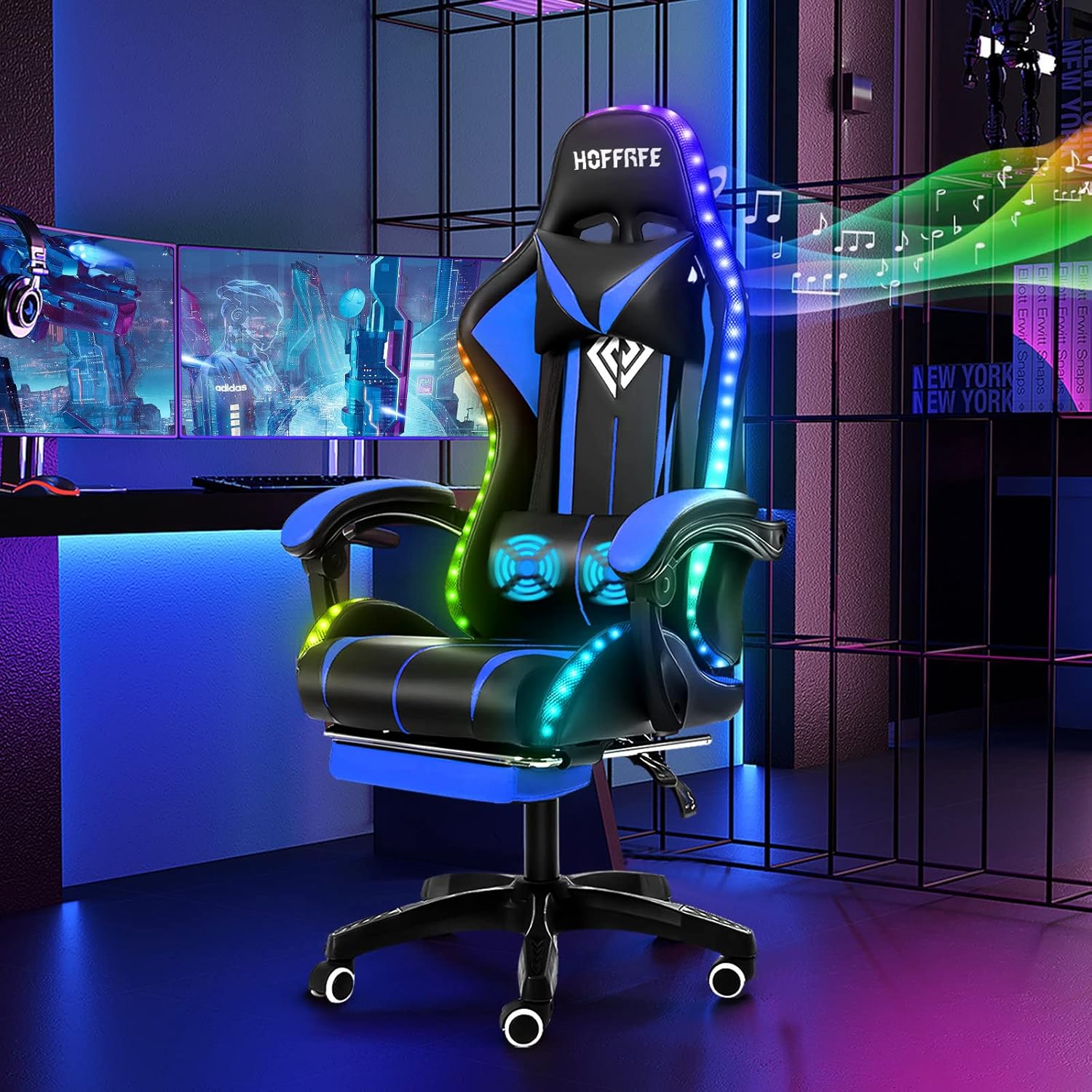 HOFFREE Silla de juegos con masaje y luces LED, silla ergonómica para juegos de computadora con reposapiés, silla de videojuegos RGB con respaldo