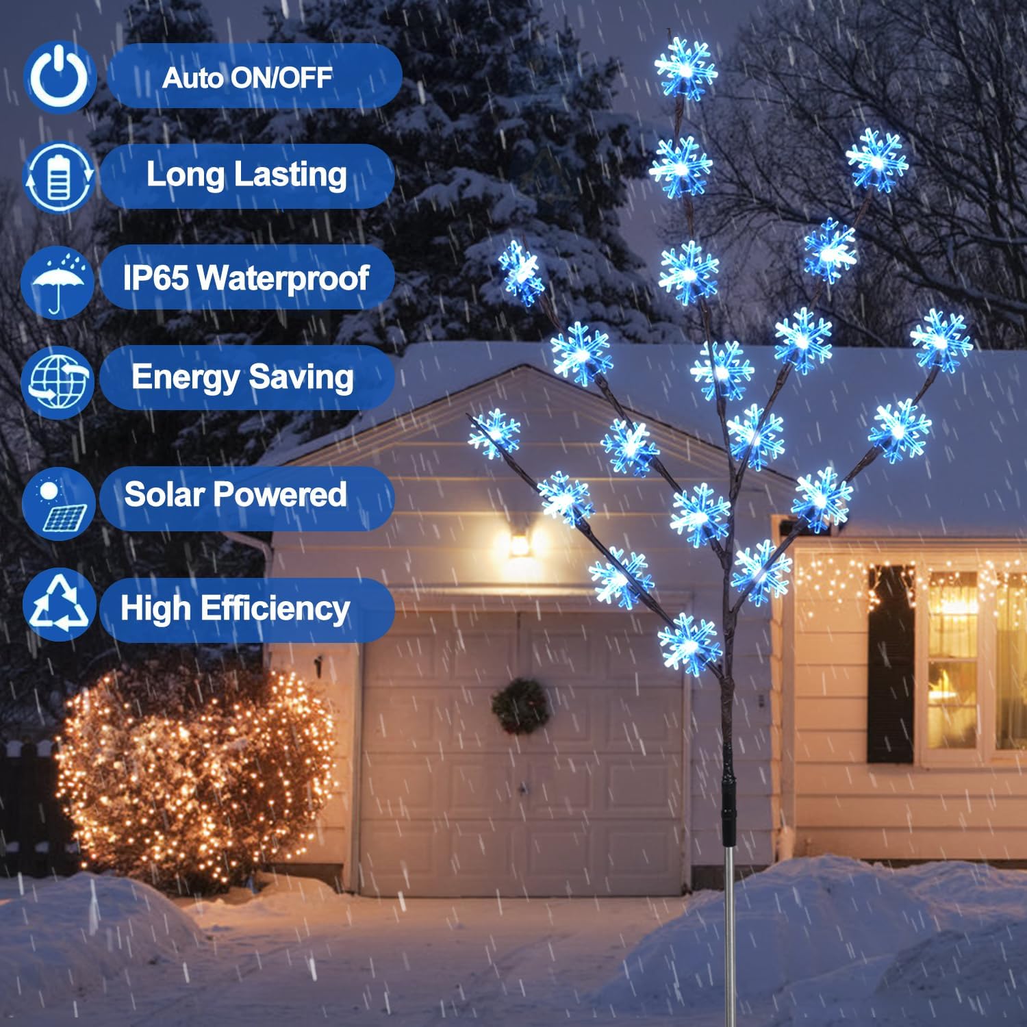Aovciust Decoraciones de Navidad al aire libre, 4 juegos de luces solares para árbol de Navidad con 80 luces de copo de nieve C6, adecuadas para
