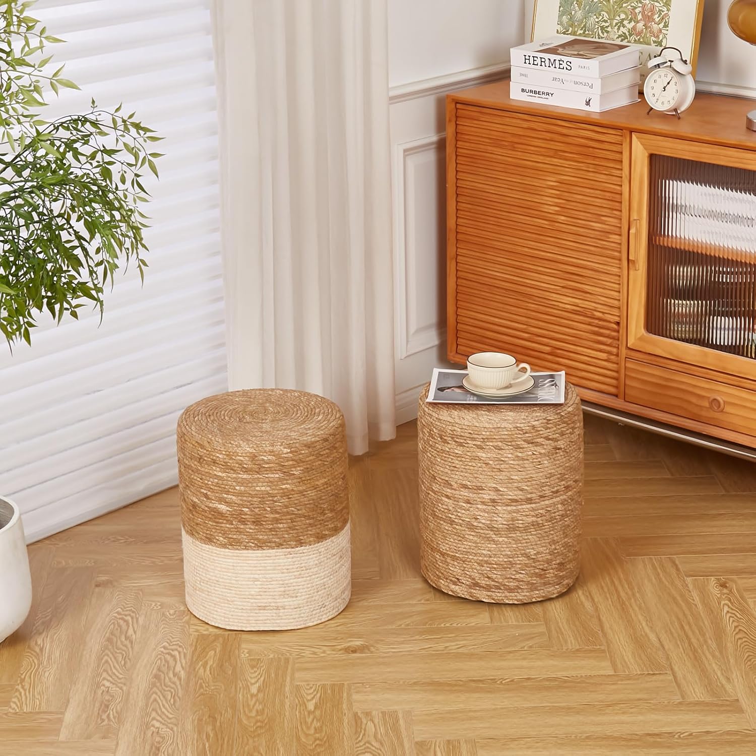 Mxfurhawa Otomano redondo, puf trenzado a mano natural, reposapiés con marco de madera maciza, acento rústico, puf de granja, decoración bohemia o