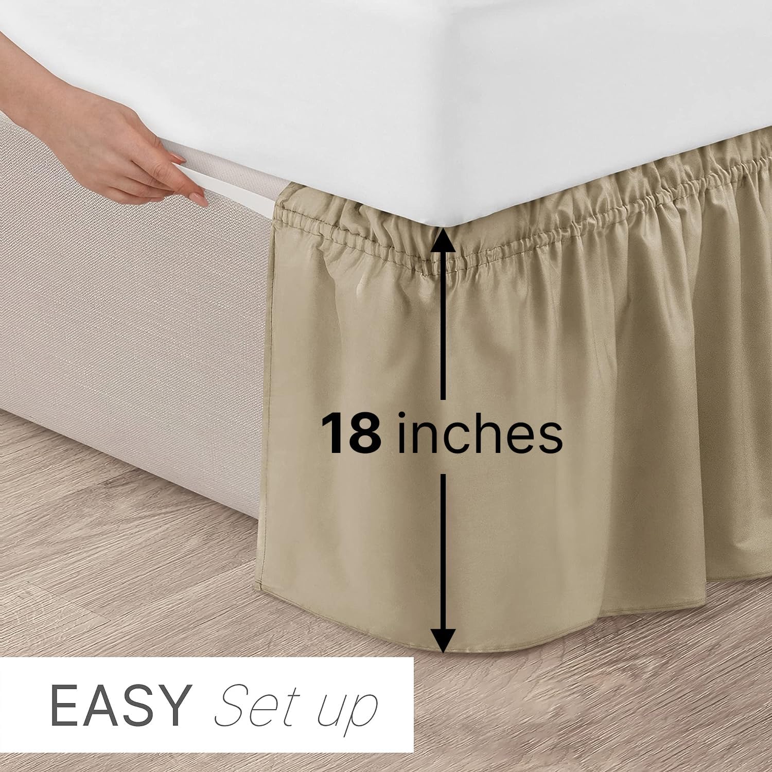 CGK Linens – Falda de cama envolvente con volantes, color beige, para camas de tamaño Queen con caída de 18 pulgadas, correa elástica de fácil