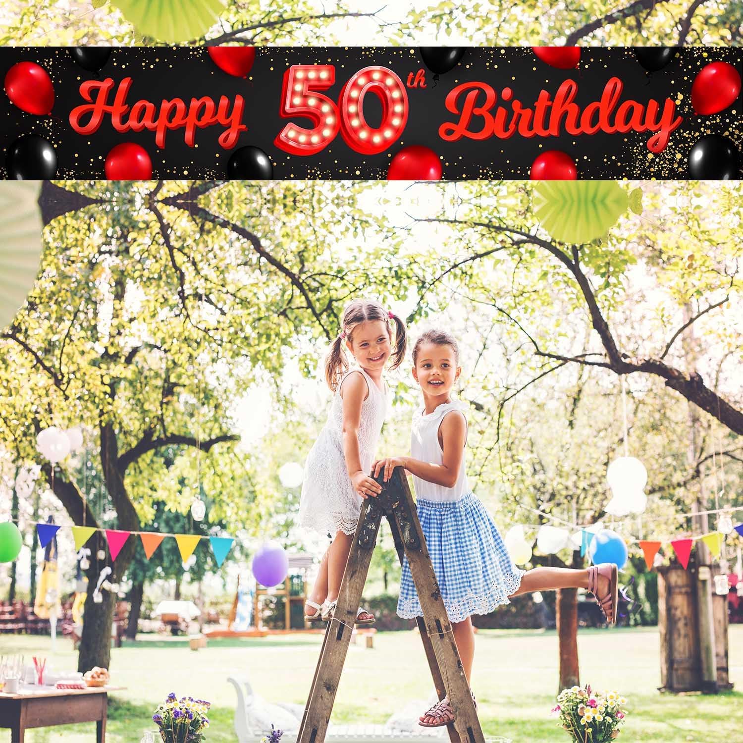 Cartel de feliz cumpleaños número 50 color rojo y negro, globos para decoración temática para patio, jardín, niñas, mujeres, princesas de 50 años,