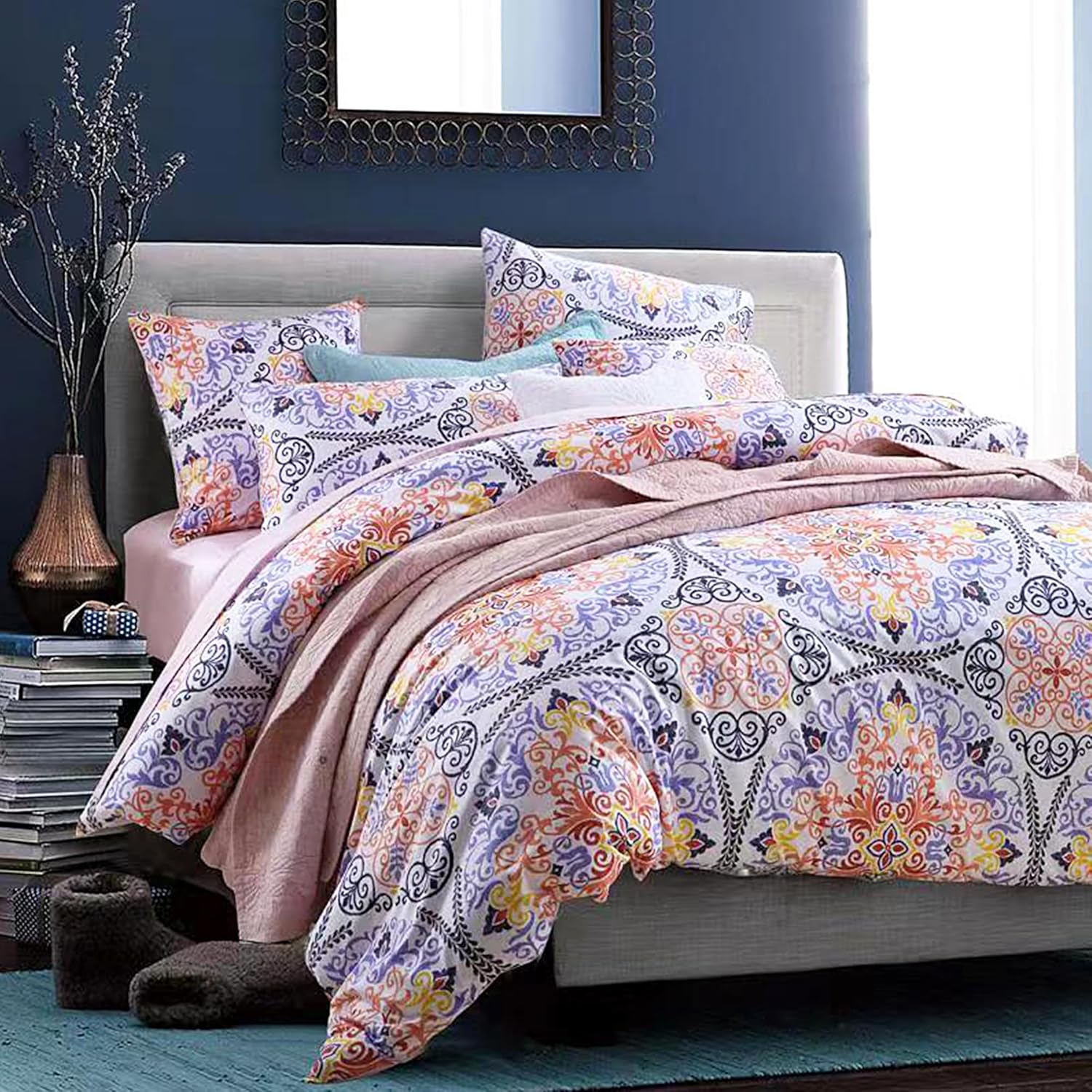 Softta Juego de ropa de cama vintage, tamaño King, funda de edredón de 3 piezas, diseño floral, redondo, compacto, bohemio, 100% algodón egipcio,