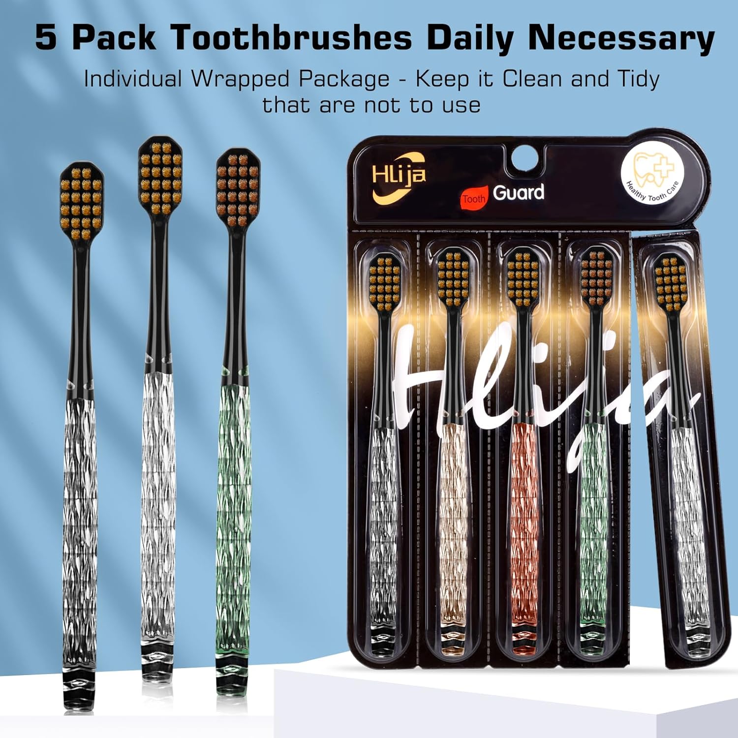 Hljia – Paquete de 5 cepillos de dientes de cristal 2023, cerdas suaves, cabeza ancha, cepillo antideslizante personalizado Bling Sparkle Ripple