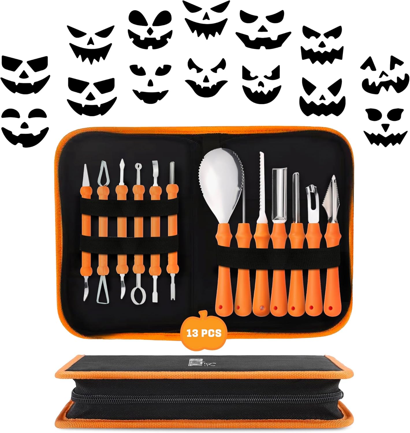 KatchOn, Kit de tallado de calabaza de Halloween, paquete de 13, herramientas profesionales de escultura de calabaza con plantillas, 18 piezas,