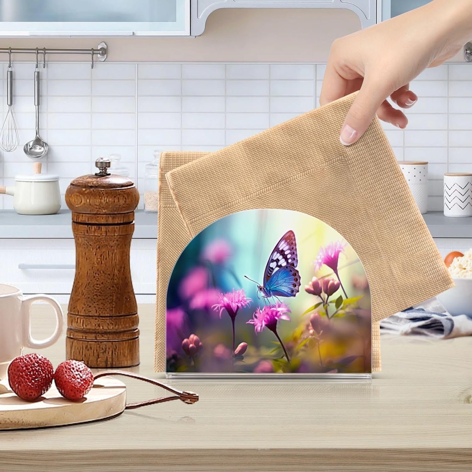 Napkin Holder Butterfly Flowers Napkin Holders for Tables, Clear Acrylic Napkin Holders Cocktail Napkin Holder for Kitchen Restaurant Bar Home Decor