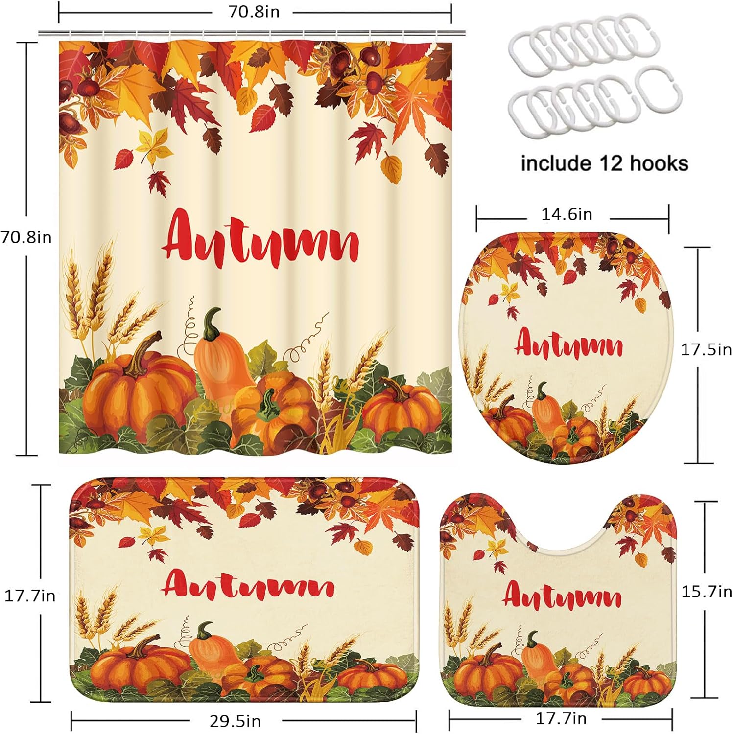 Juego de cortinas de ducha de otoño con tapa de inodoro y alfombras antideslizantes, 4 cortinas de ducha para baño, calabaza naranja, hojas de arce,