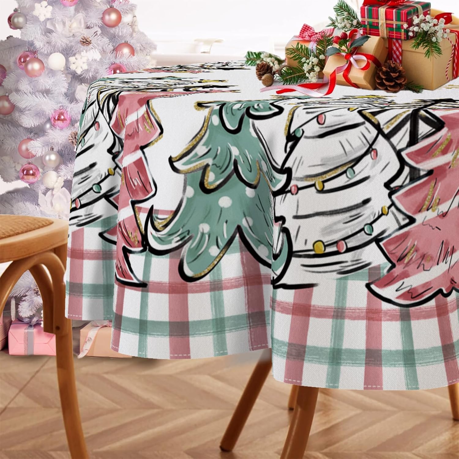 Mantel redondo de árboles de Navidad de 60 x 60 pulgadas, diseño de copos de nieve de Navidad rosados, a cuadros, mantel decorativo para mesa de