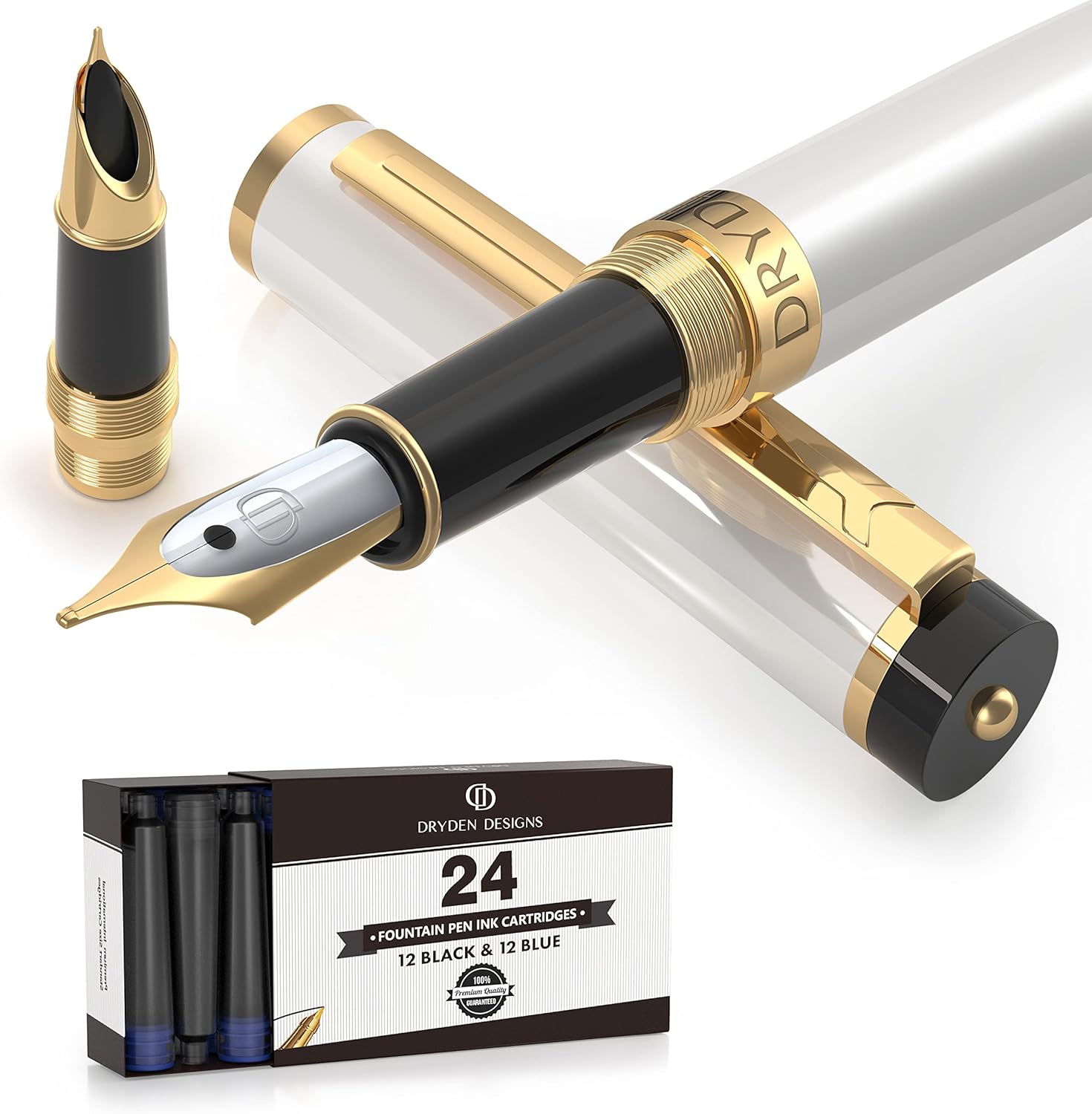 Dryden Designs Pluma estilográfica, punta media y fina, incluye 24 cartuchos de tinta y convertidor de recarga de tinta, bolígrafo de caligrafía,
