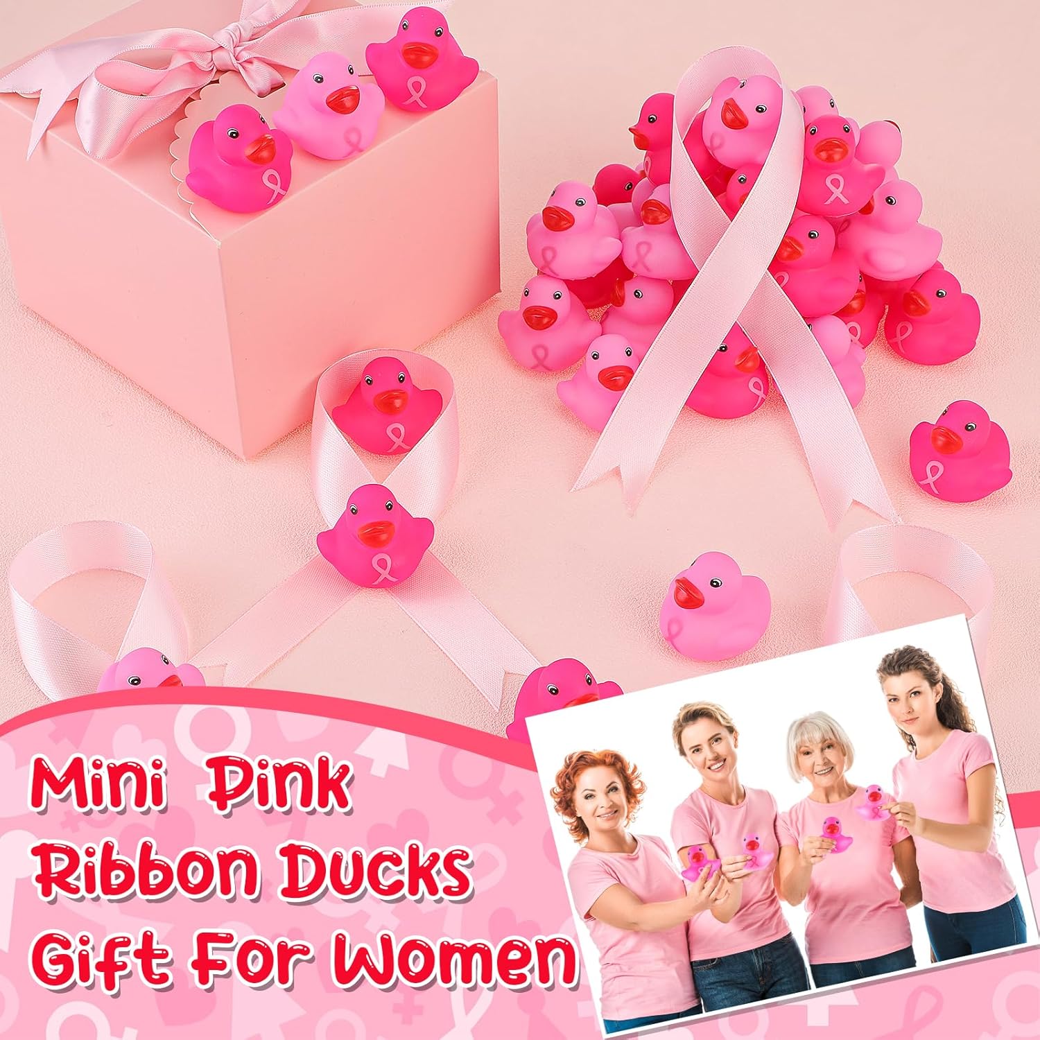 Deekin 100 patos de goma a granel con cinta rosa, patos de baño, concienciación sobre el cáncer de mama, mini patos de 1.57 pulgadas, flotador de