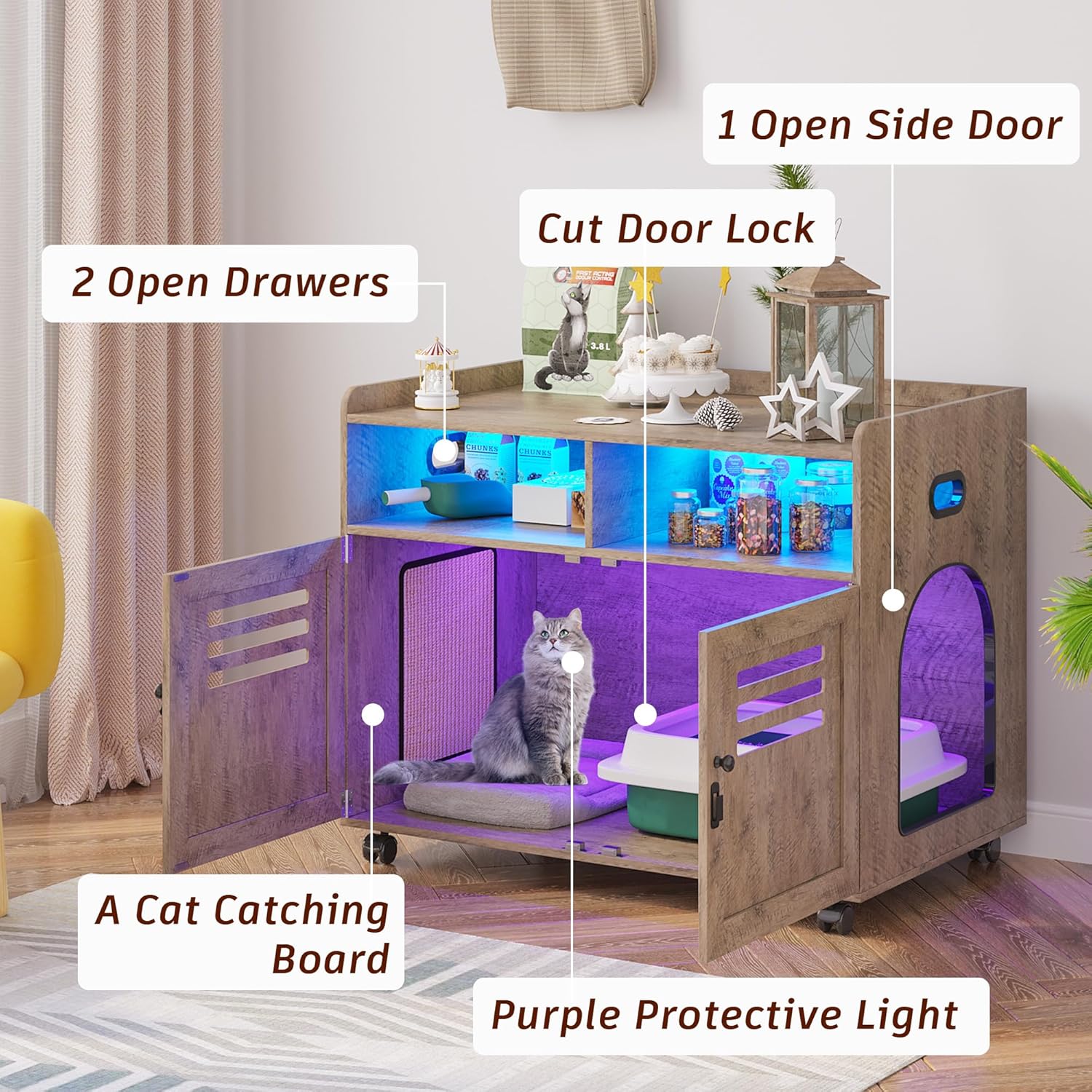 FOMNEY Caja de arena para gatos, mueble oculto con cuerpo humano, 3 luces LED de color, jaula para gatos con 2 cajones abiertos y 1 puerto USB, casa