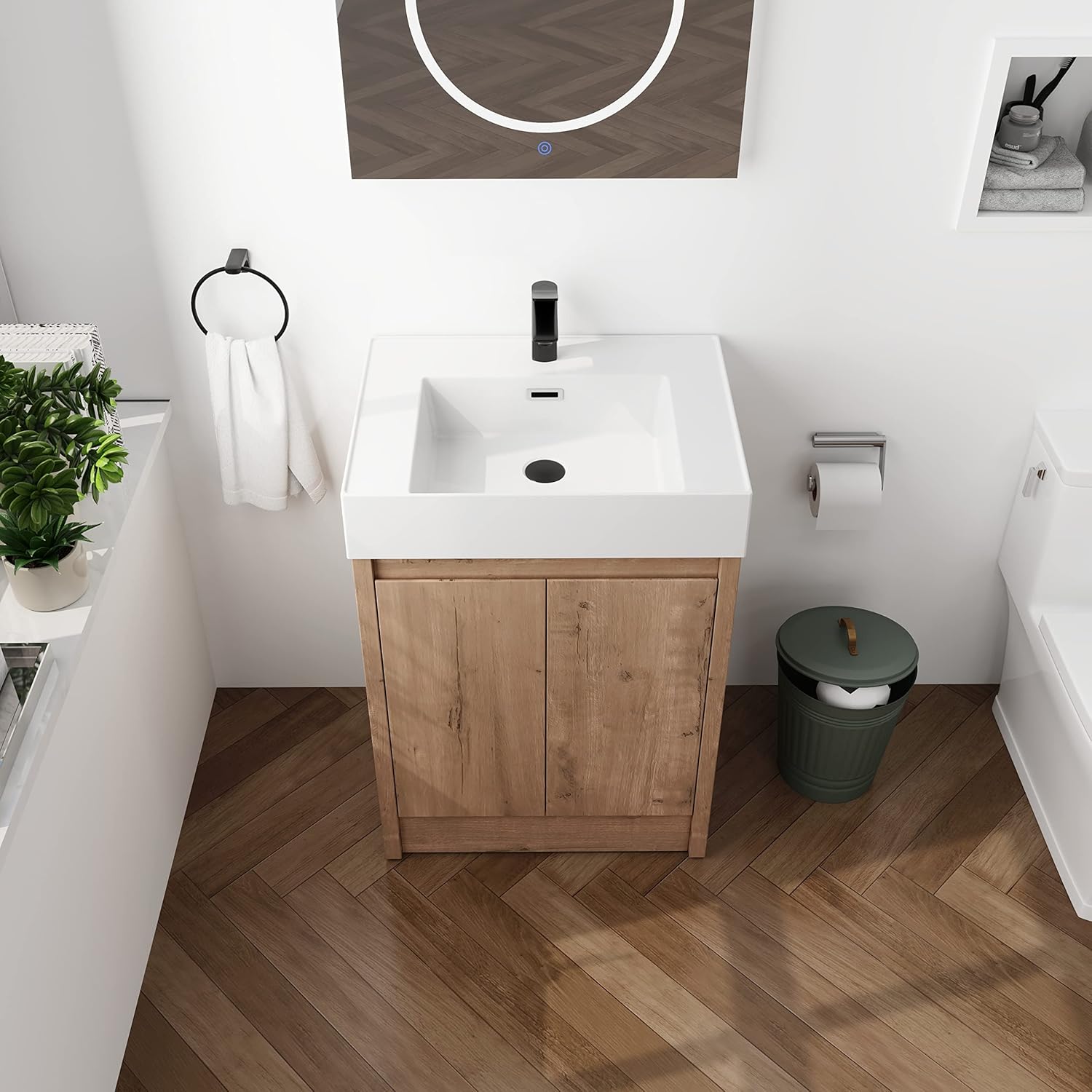 Vanidad de baño independiente de 24 pulgadas con fregadero, tocador de baño de pie de 24 pulgadas, parte superior del lavabo de resina blanca,