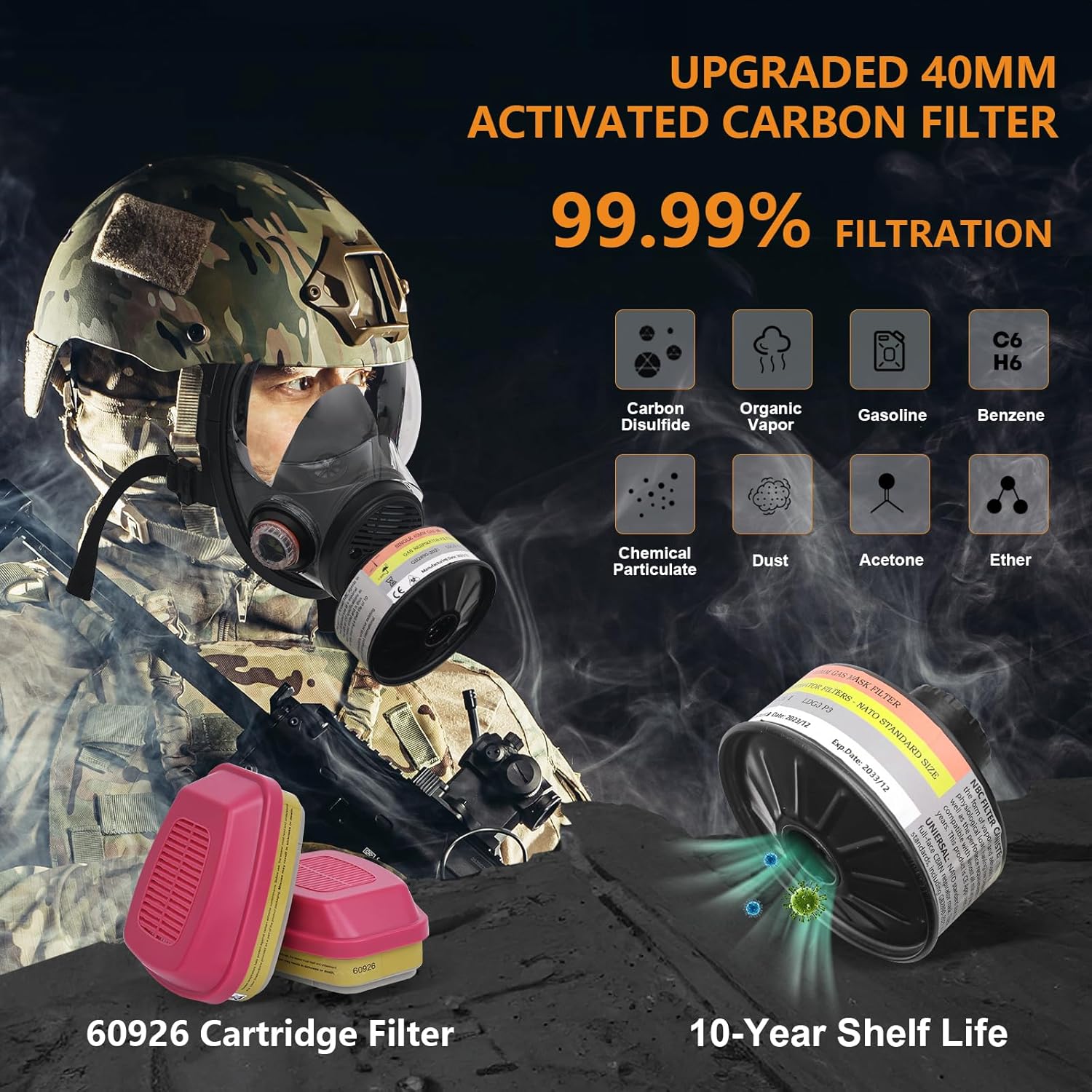 Máscara respiradora de vapor orgánico nuclear y químico de supervivencia con filtros Filtración avanzada de 1.575 in, cartucho 60926 para partículas