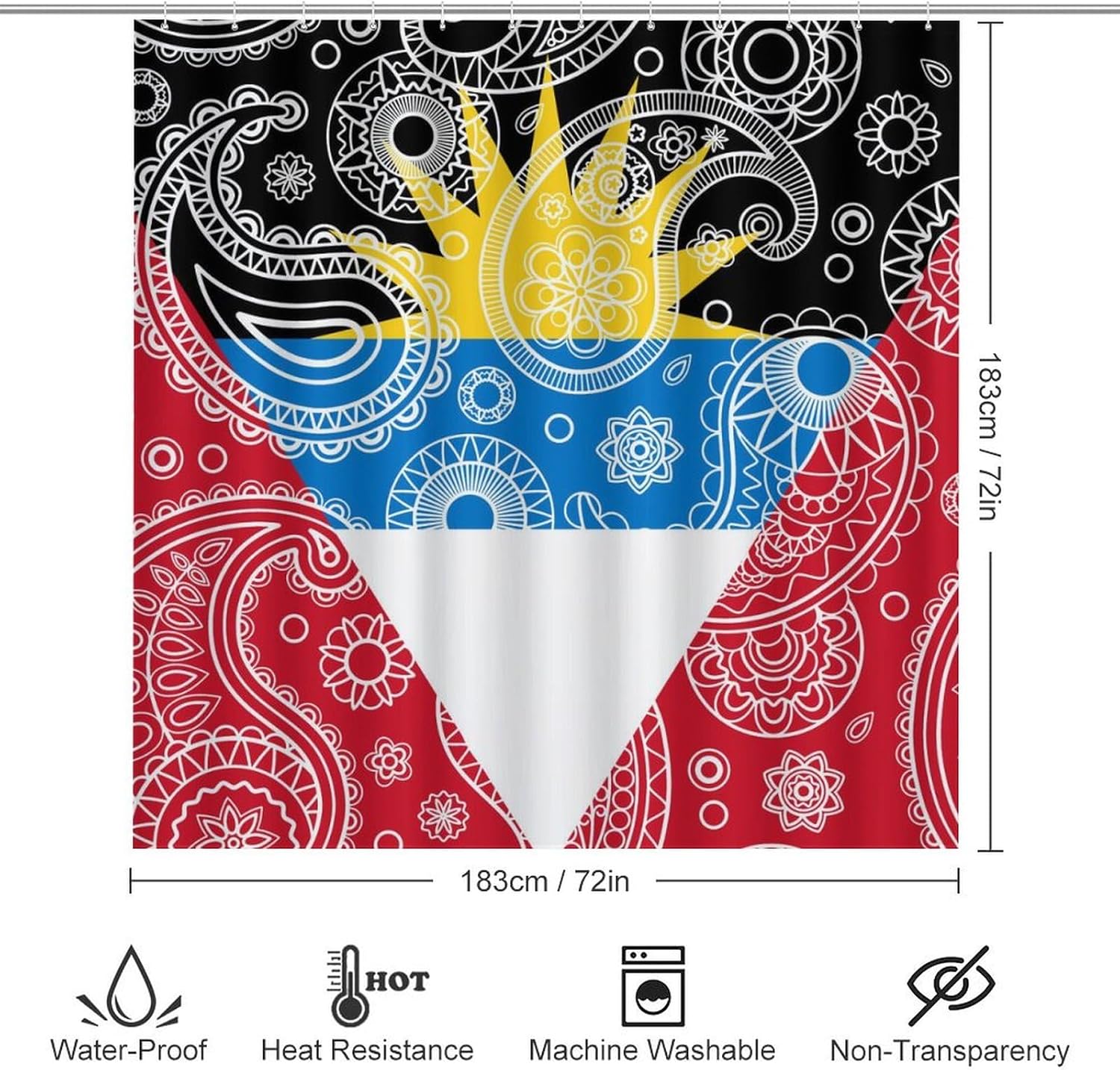Juego de 4 cortinas de ducha con diseño de bandera de cachemira de Antigua y Barbuda, con alfombra antideslizante, cubierta suave para tapa de