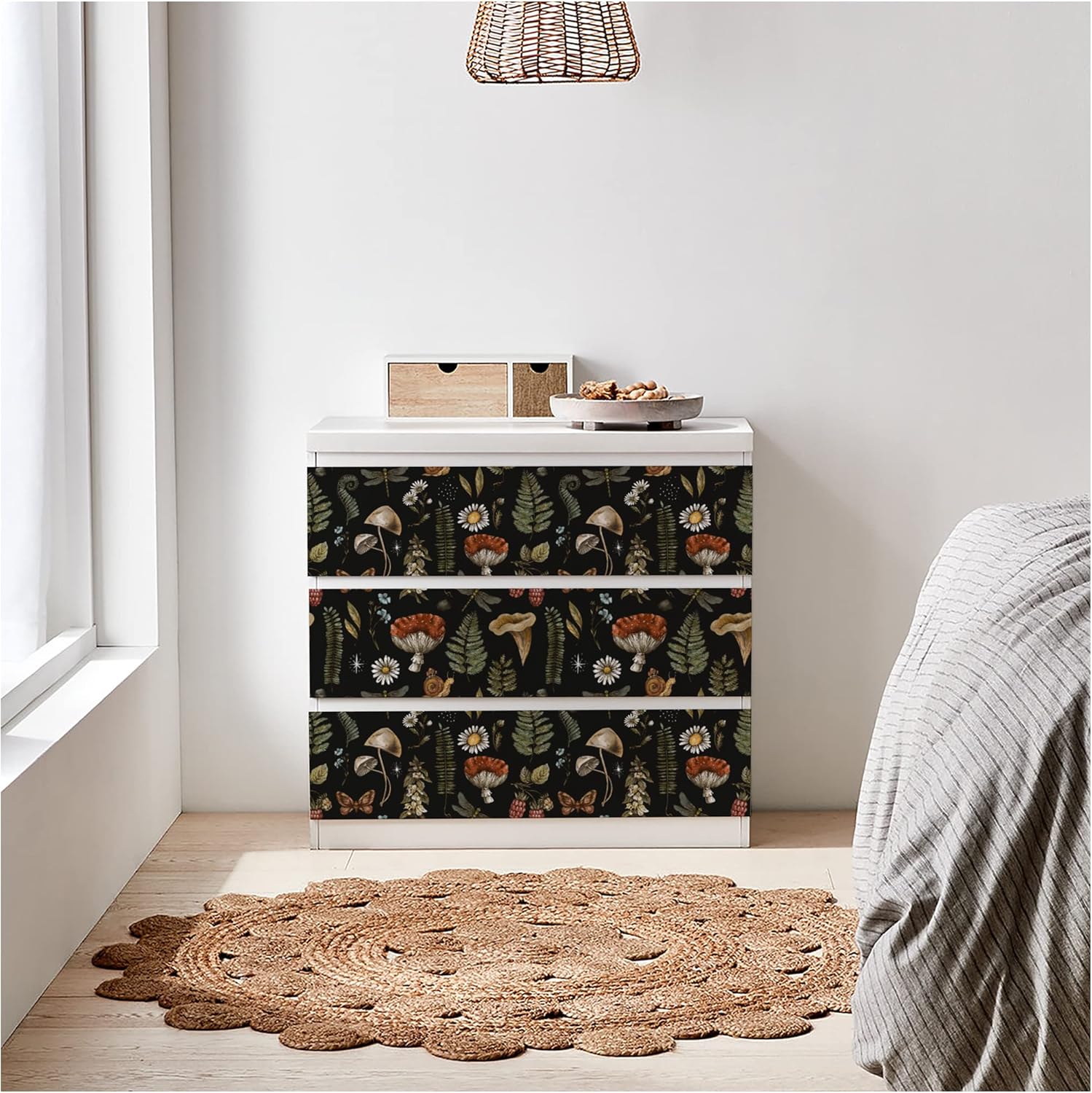 UniGoos Papel tapiz de helecho con caracoles y champiñones, vinilo retro, autoadhesivo, papel de pared temporal, fondo negro, papel de contacto