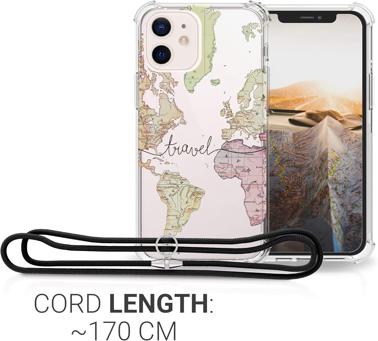 kwmobile Funda cruzada compatible con Apple iPhone 12 Mini, correa de viaje, color negro, multicolor y transparente