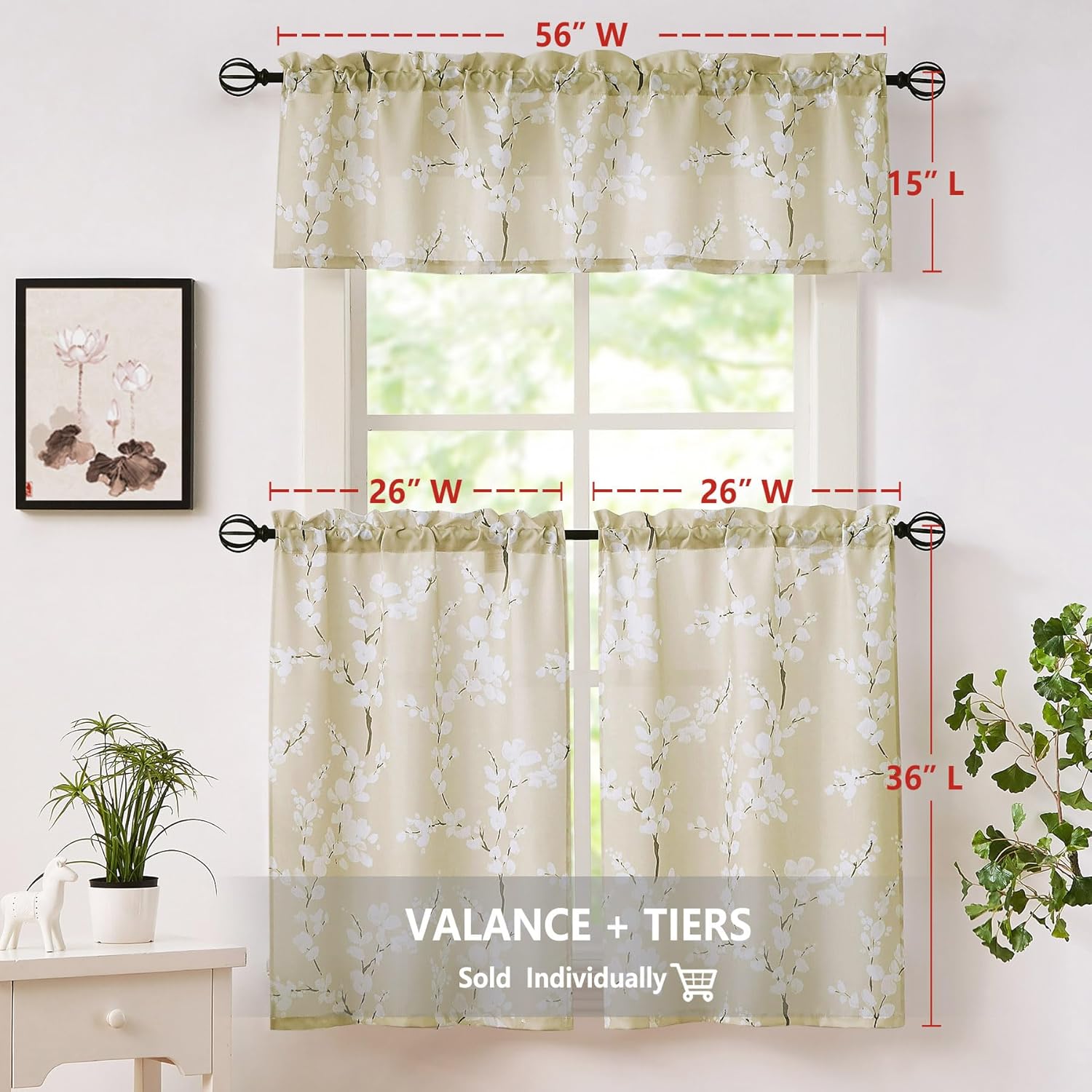 FMFUNCTEX Cortinas de cocina beige de 36 pulgadas de largo, estampado de flores blancas en lienzo, juegos de cortinas para ventanas pequeñas,