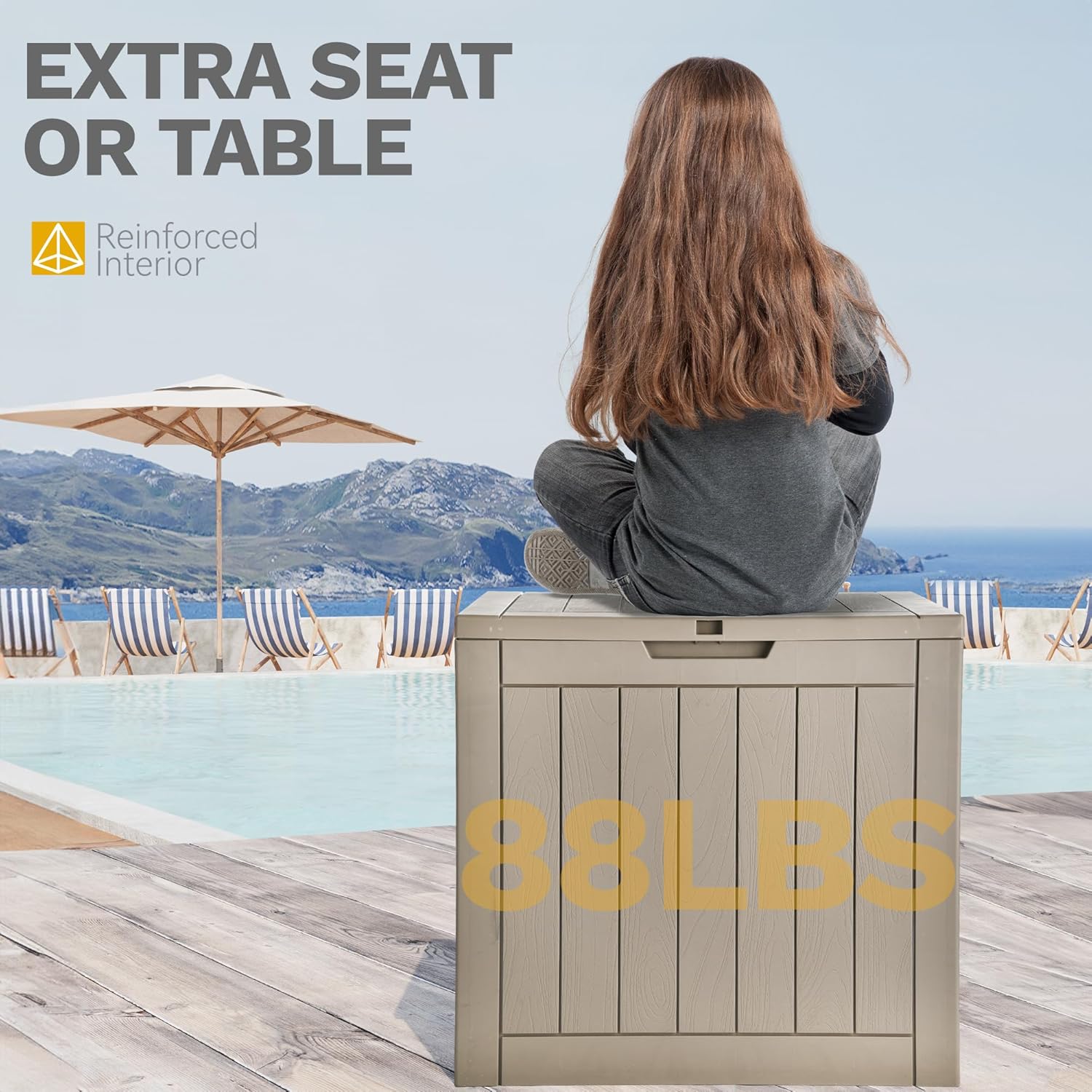 DWVO Caja de almacenamiento para exteriores de 30 galones, caja de resina resistente a la intemperie con cerradura para muebles de patio, accesorios