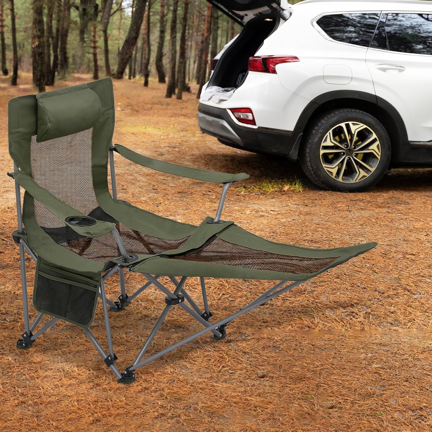 Magshion Silla de camping plegable reclinable con reposapiés para adultos, silla plegable resistente con reposapiés, juego de 2, verde oscuro