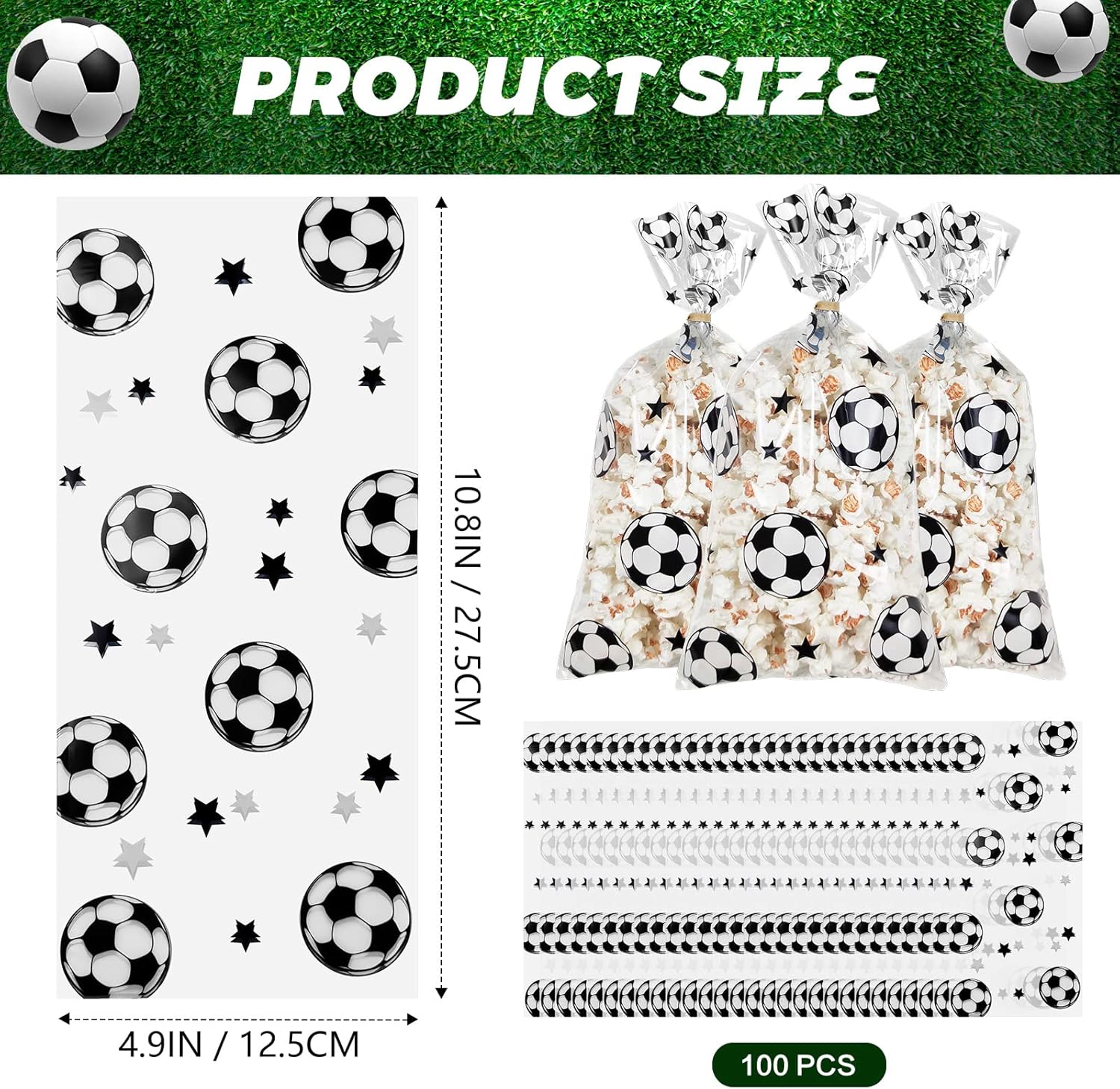 Paquete de 100 bolsas de regalo de celofán, bolsas de regalo transparentes de fútbol a granel con aperitivo de galletas de caramelo, suministros de