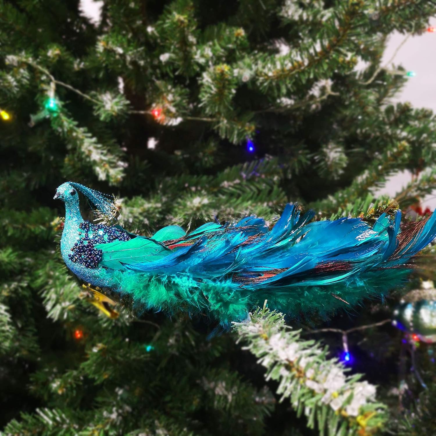 Adornos de Navidad de pavo real sintético de 12 pulgadas con una cola de plumas de pavo real, adornos de pavo real para decoración de árbol de