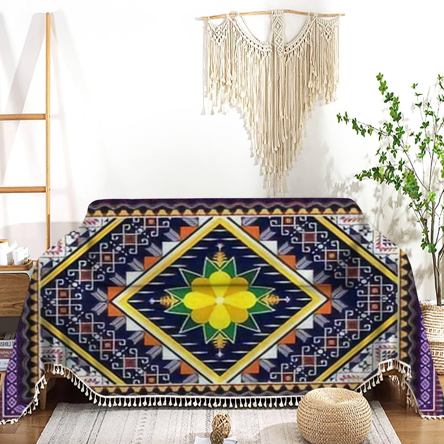 Funda bohemia para sofá, diseño étnico geométrico abstracto, tribal, nativo, étnico, tradicional, con borlas, lavable, para sofá o cama, protector