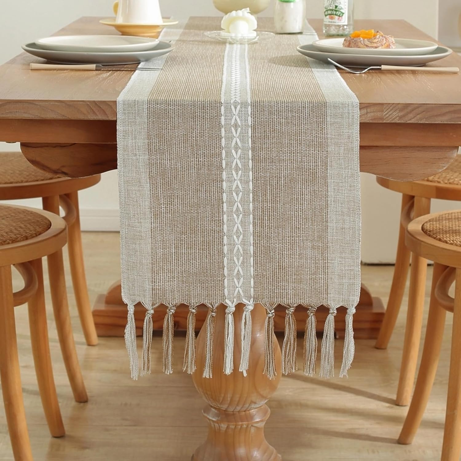 Camino de mesa de lino rústico con borlas, caminos de mesa de granja de 72 pulgadas de largo, decoración de mesa para decoración de fiestas, bodas y
