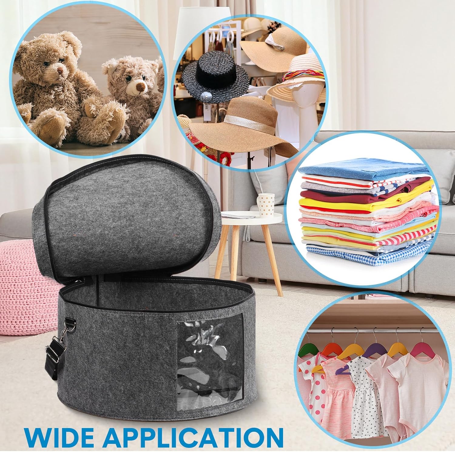 Suzile Paquete de 4 cajas grandes y redondas plegables de fieltro para mujeres, 17 x 10 pulgadas, caja de almacenamiento para sombreros de vaquero