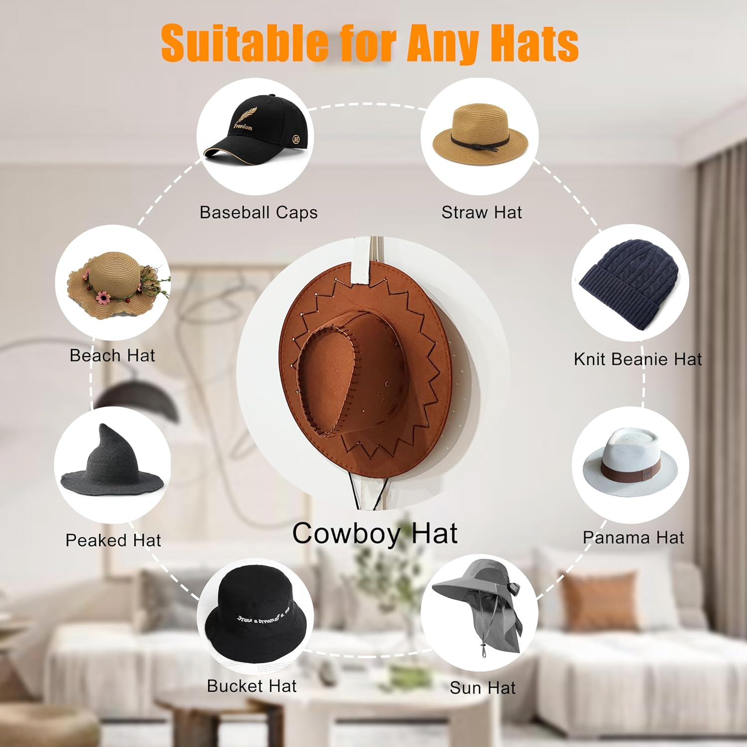 Perchas para sombreros de pared con diseño magnético para colgar en la pared, organizador de gorras para sombreros de ala ancha y varios sombreros