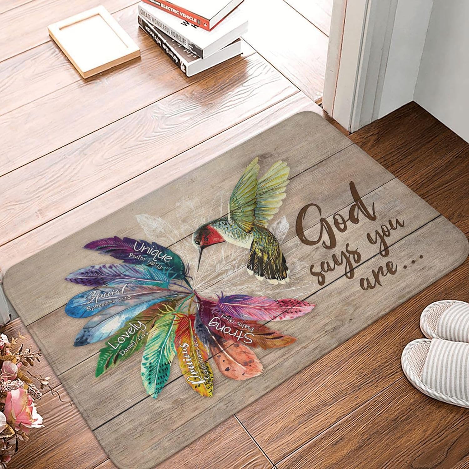 Tapete de baño antideslizante con diseño de colibrí, de secado rápido, lavable, con plumas de Dios dice que eres para baño, cocina, comedor, sala de