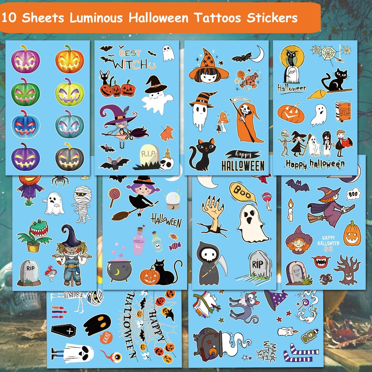 CHARLENT Tatuajes temporales luminosos de Halloween para suministros de fiesta de niños, 100 estilos que brillan en la oscuridad de Halloween,