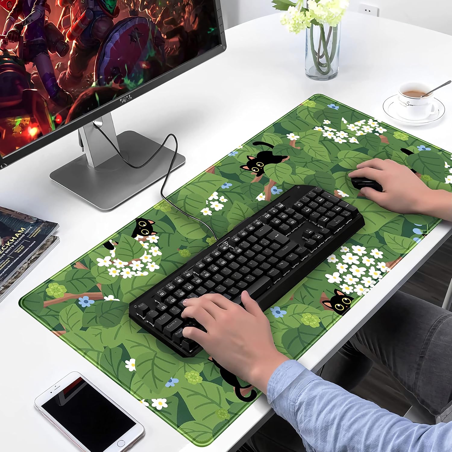 Tapete de escritorio con diseño de hojas verdes, diseño de gato negro, diseño de gato negro, extendido, grande, para videojuegos, XXL, para