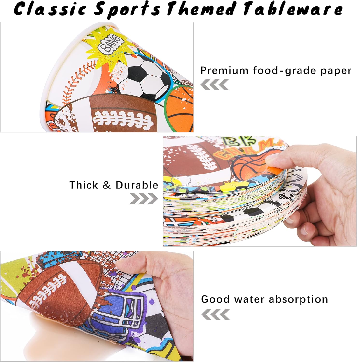 durony Juego de 144 platos de papel y servilletas con temática deportiva, vajilla para fiesta de cumpleaños, platos de papel, servilletas, tenedores
