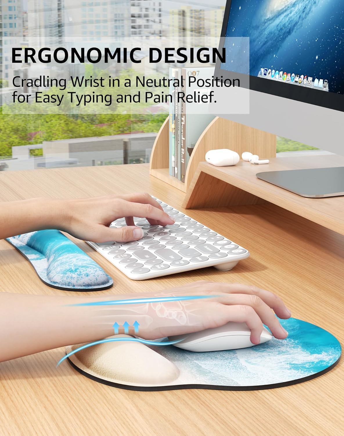 KTRIO Alfombrilla de mouse ergonómica con soporte de muñeca, cómodo reposamuñecas para teclado, almohadilla de espuma viscoelástica para teclado,
