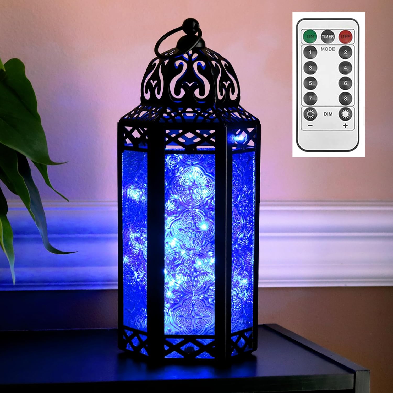 VELA LANTERNS – Faroles portavelas decorativos, guirnalda de luces LED incluidas, color cobalto, medianos