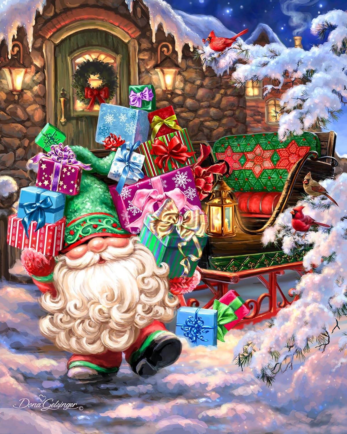 Springbok – Llenando el trineo – Rompecabezas de 500 piezas – Ilustración del gnomo de Papá Noel llenando su trineo navideño con regalos