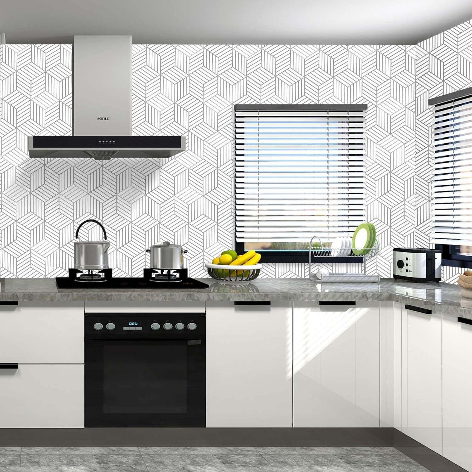 WENMER Papel tapiz hexagonal geométrico, papel de contacto de 17.71 x 78.7 pulgadas, papel tapiz hexagonal geométrico plateado para despegar y