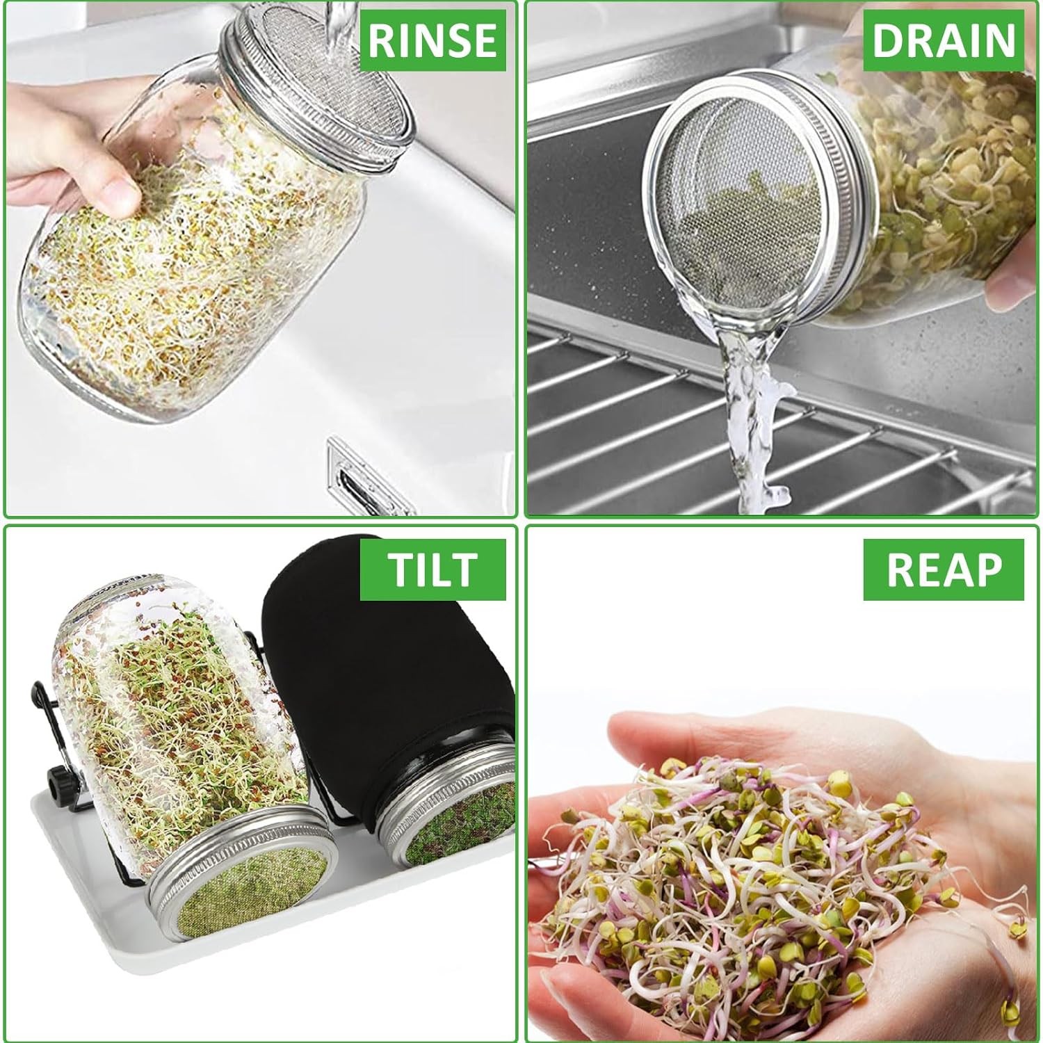 Kit de tarros de germinación de 32 onzas, 2 tarros de germinación de boca ancha con tapas de brote de pantalla de acero inoxidable, 2 soportes y una