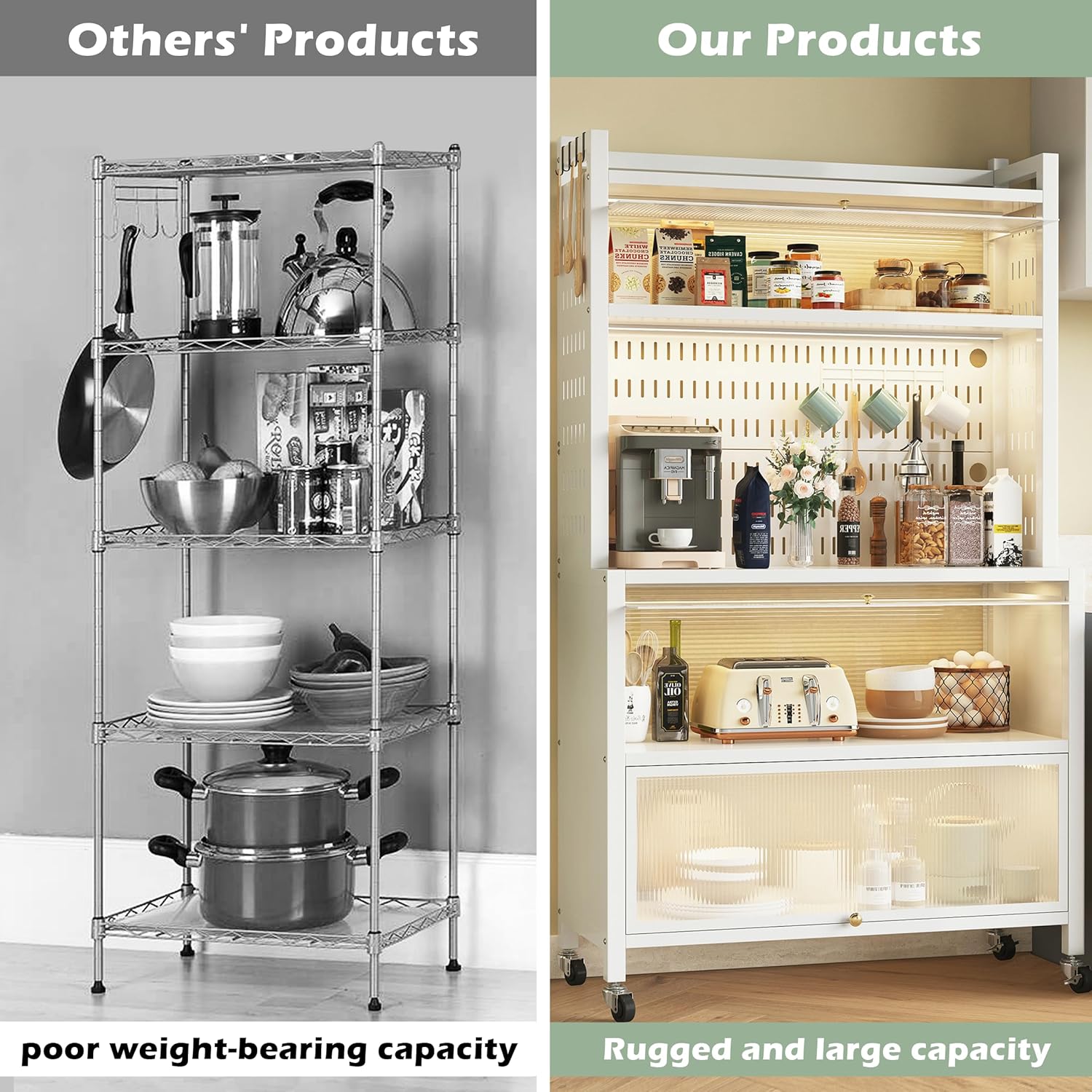COVAODQ Estante de cocina para panadería con armario de puerta abatible, soporte de microondas de 5 niveles con accesorios de tablero de clavijas