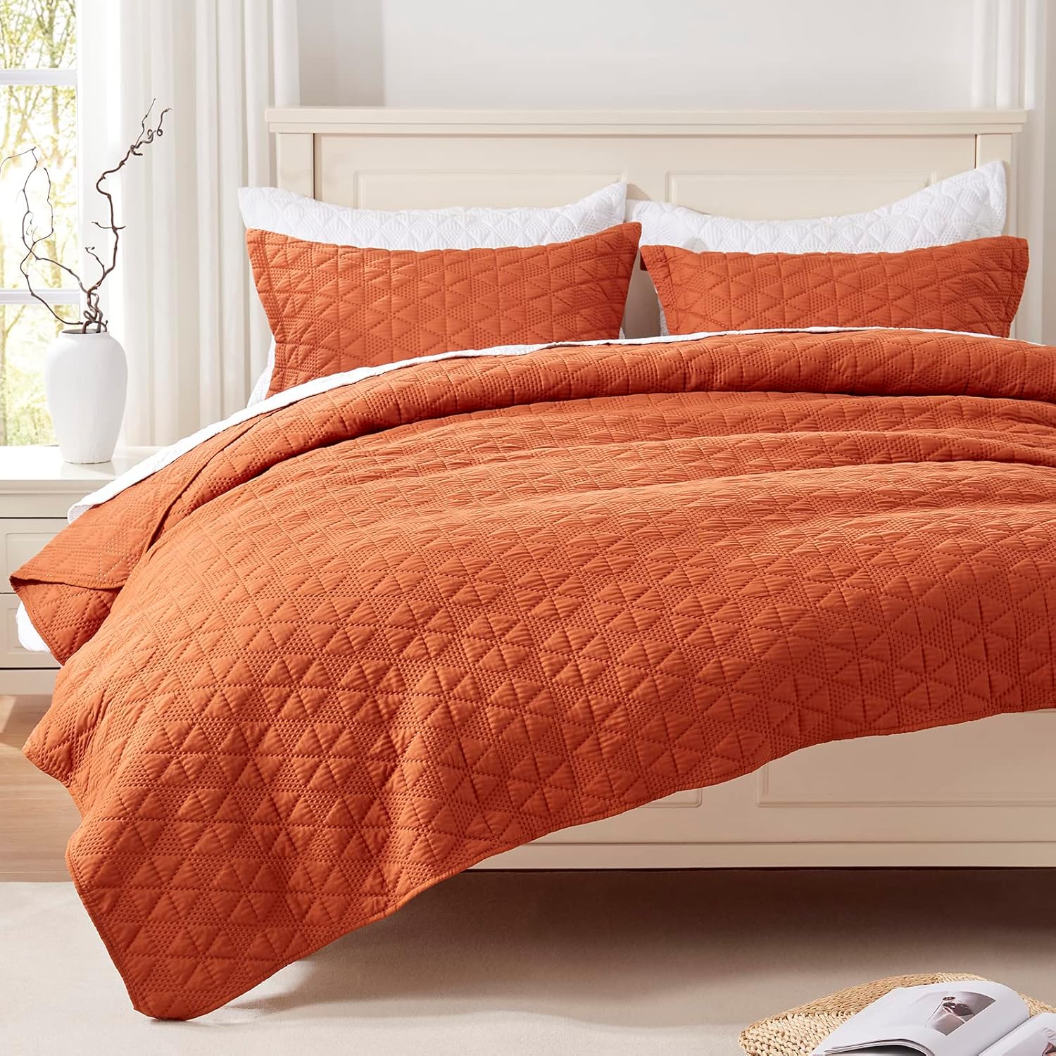 Juego de ropa de cama de 3 piezas de color naranja quemado, colcha ligera de verano, 90 x 98 pulgadas, lujosa colcha de microfibra ultrasónica 3D