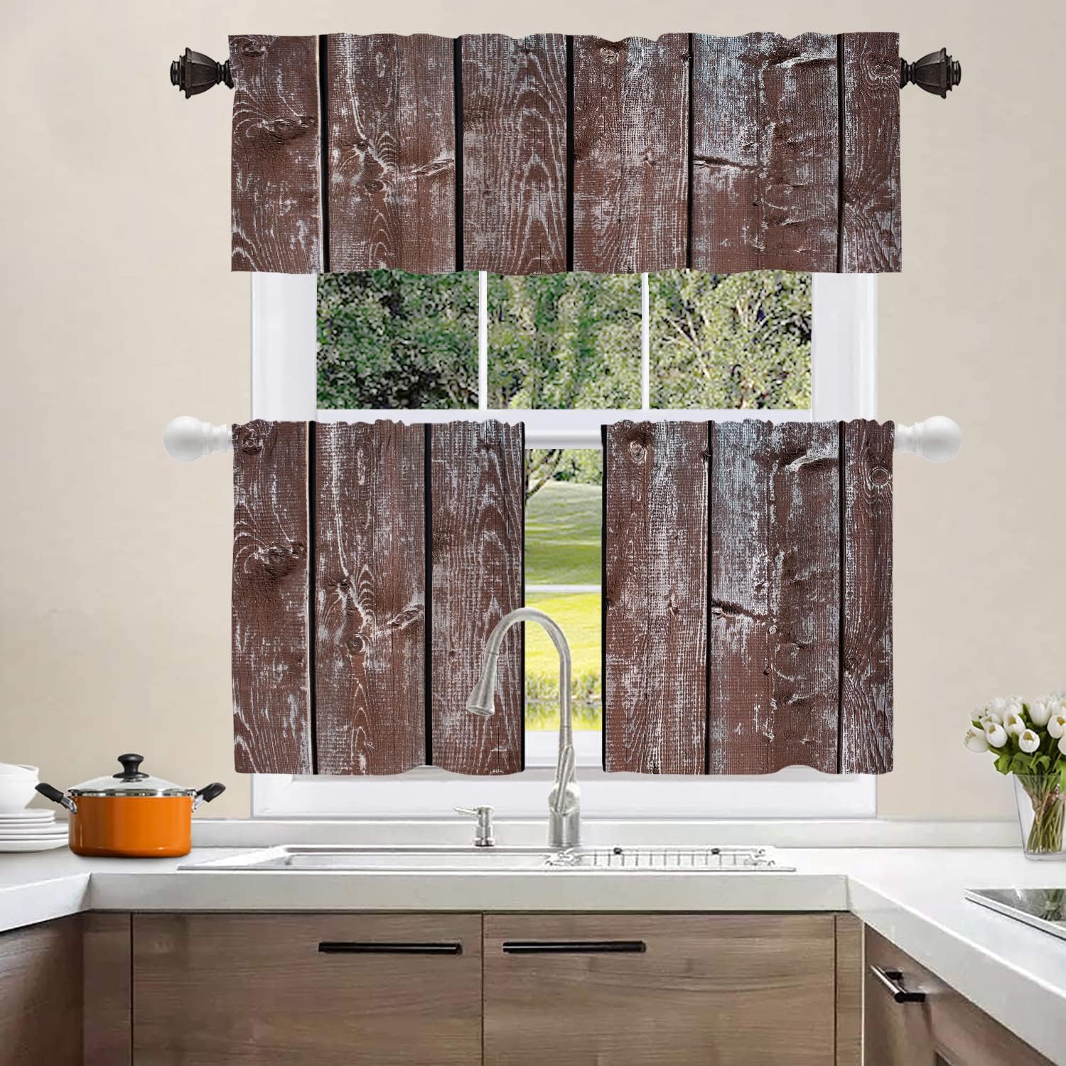 Shrahala Cenefas de cocina con textura de madera marrón, tablones de madera, cortina de media ventana de madera marrón, tratamiento de ventana,