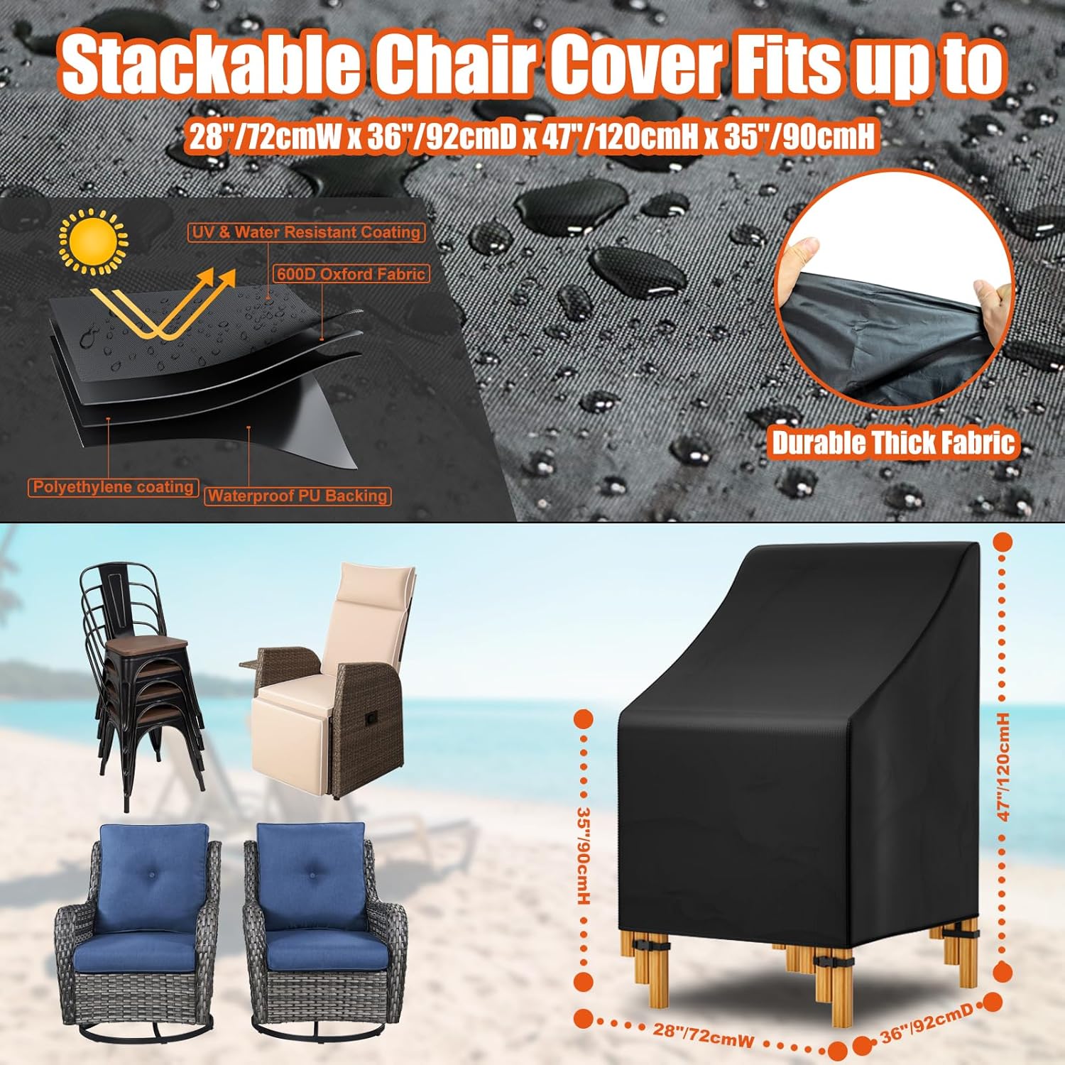 Likorlove Funda apilable para silla de patio, 28 pulgadas de ancho x 36 pulgadas de profundidad x 47 pulgadas de alto, impermeable, con respaldo