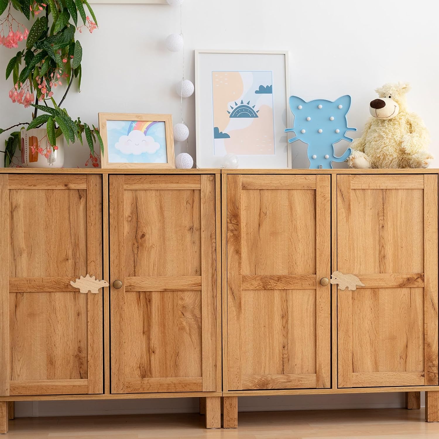 Whaline 6 pomos de madera de dinosaurio con tornillos decorativos con temática de dinosaurio, pomos de muebles de animales de madera natural para