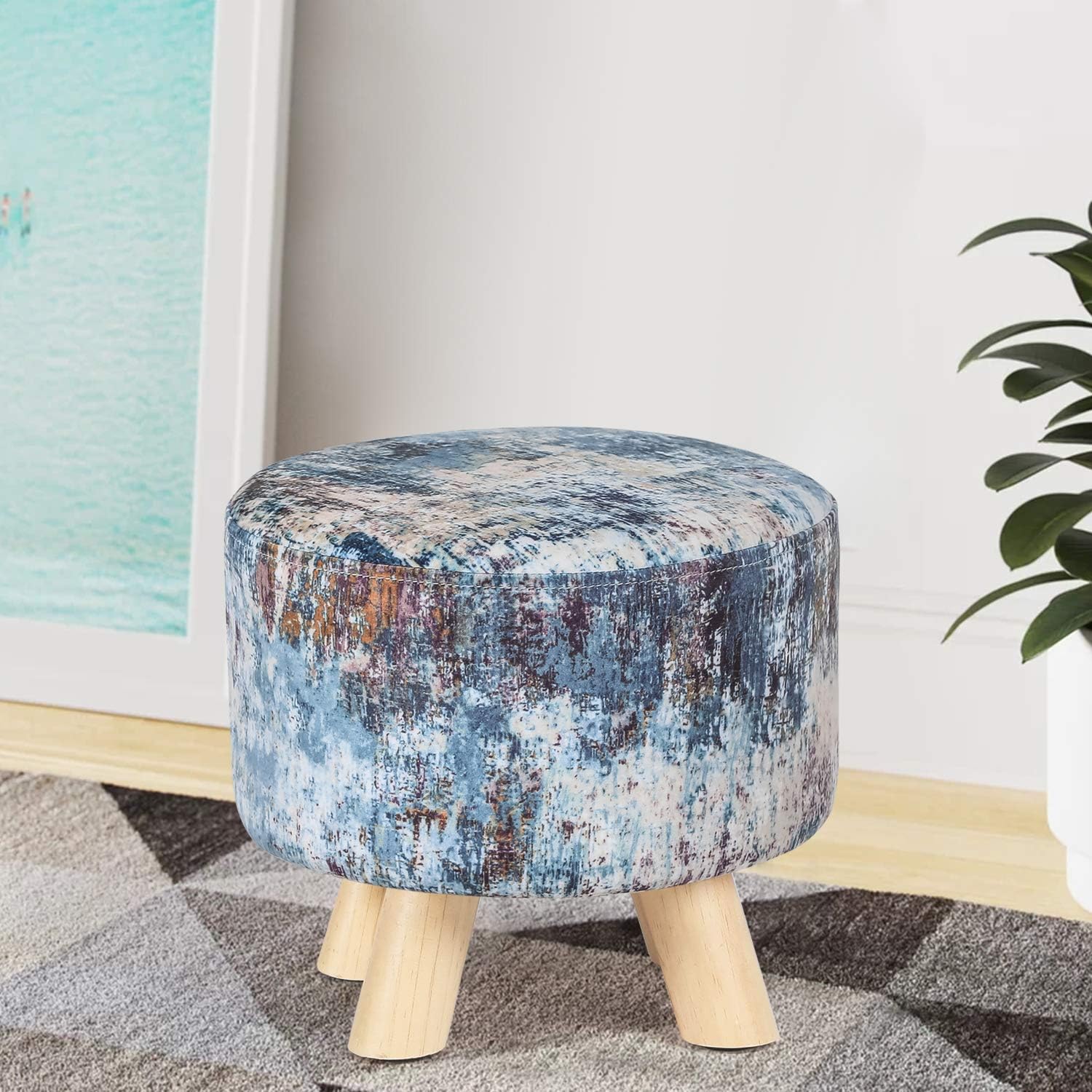 Asense Asiento otomano redondo acolchado de tela con reposapiés lindo otomano con patas de madera antideslizantes, color azul surtido