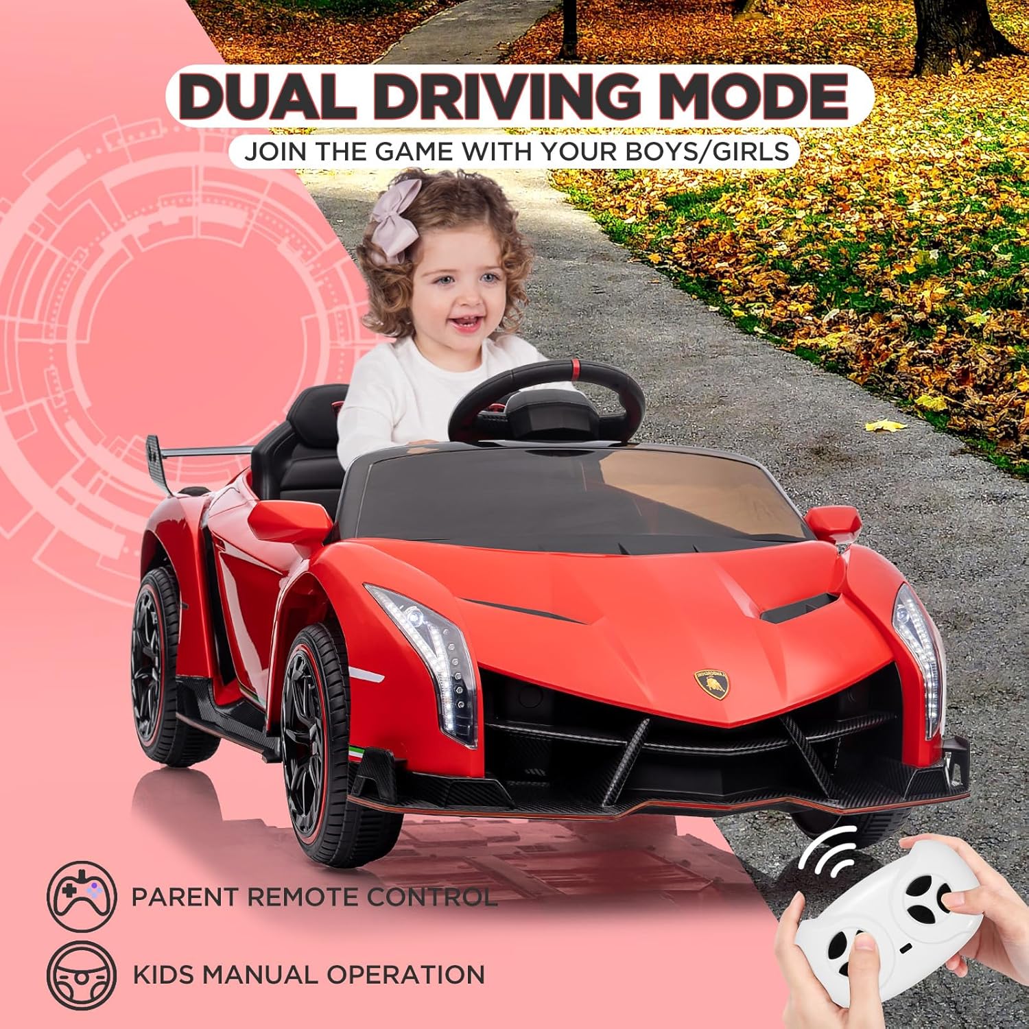 Lamborghini Veneno – Automóvil eléctrico de 12 V con licencia para niños con control remoto, 3 velocidades, puertas hidráulicas, faros LED, mecedora